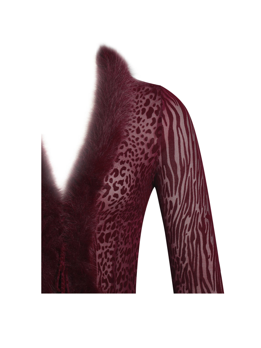 Hali Burgundy Animal Print Burnout Velvet Fur Trim Top - HOUSE OF SHE
