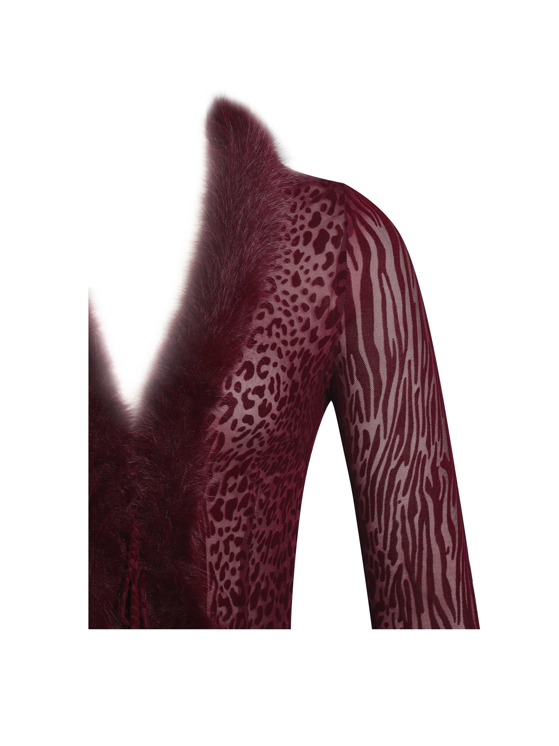 Hali Burgundy Animal Print Burnout Velvet Fur Trim Top - HOUSE OF SHE