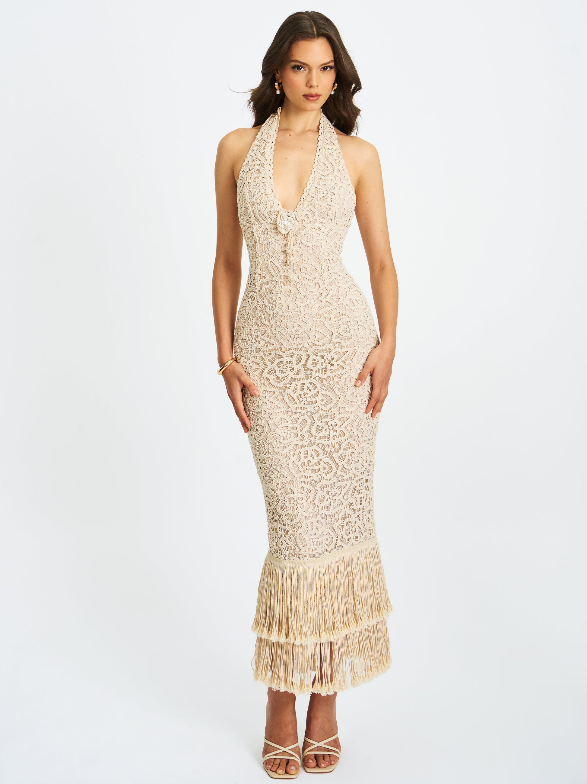 Faelyn Off-White Double Fringe Crochet Halter Maxi Dress - HOUSE OF SHE
