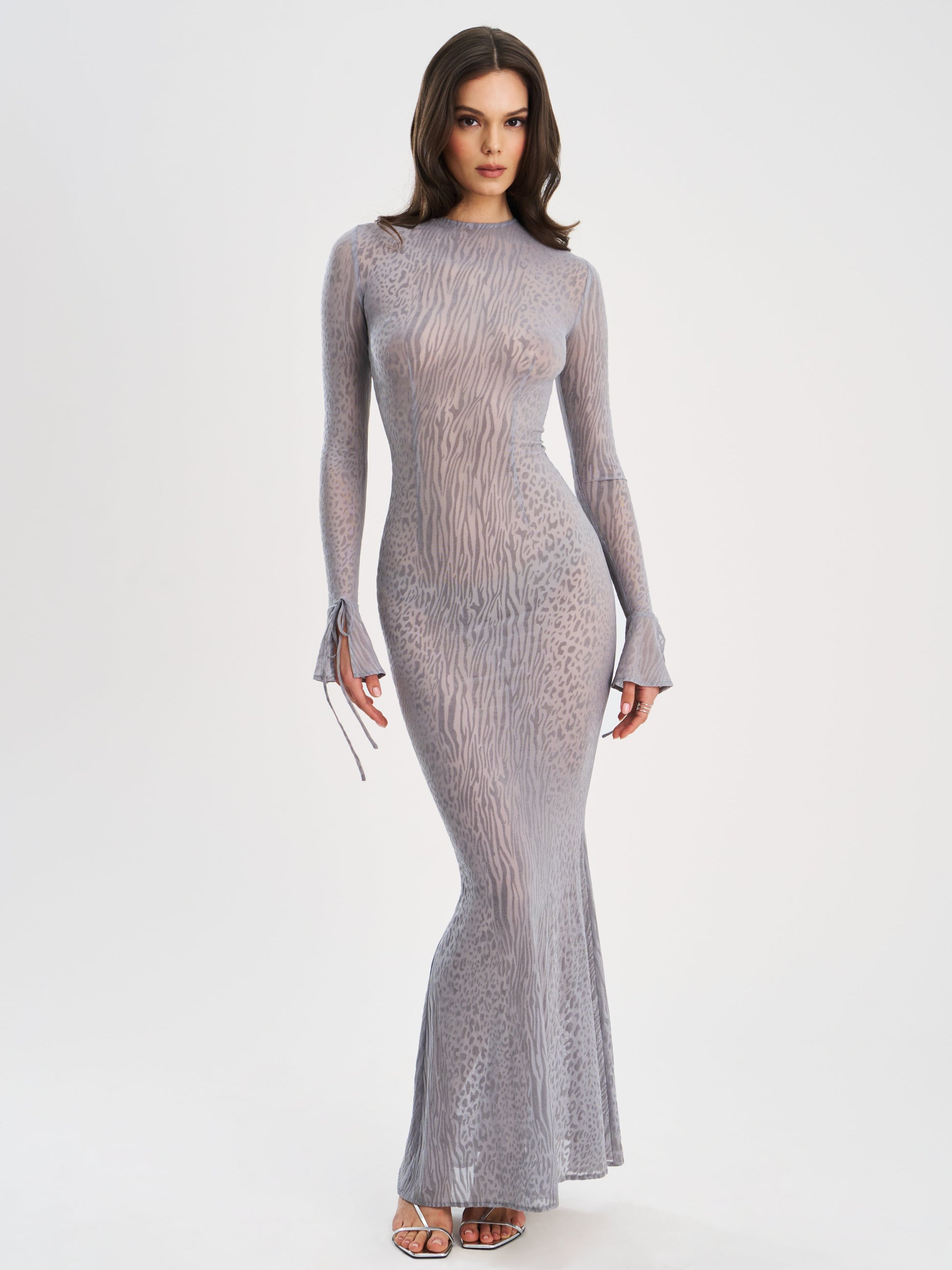 Waylynn Gray Animal Print Burnout Velvet Detail Mesh Backless Maxi Dress - HOUSE OF SHE