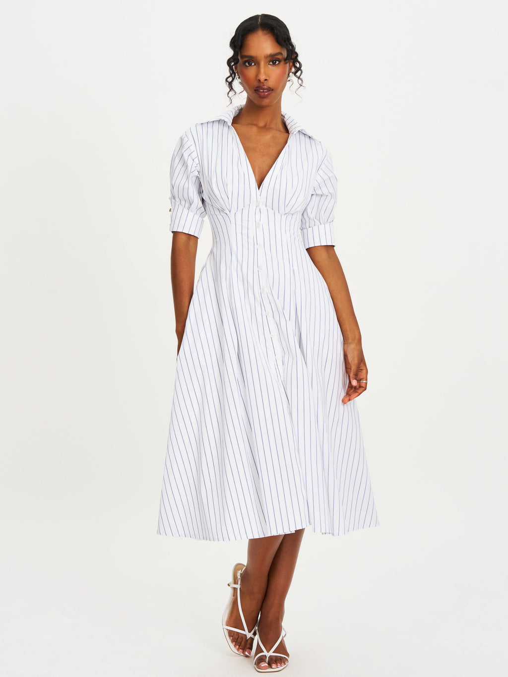 Palina Pinstripes Cotton Poplin Pleated Midi Preppy Shirt Dress - HOUSE OF SHE