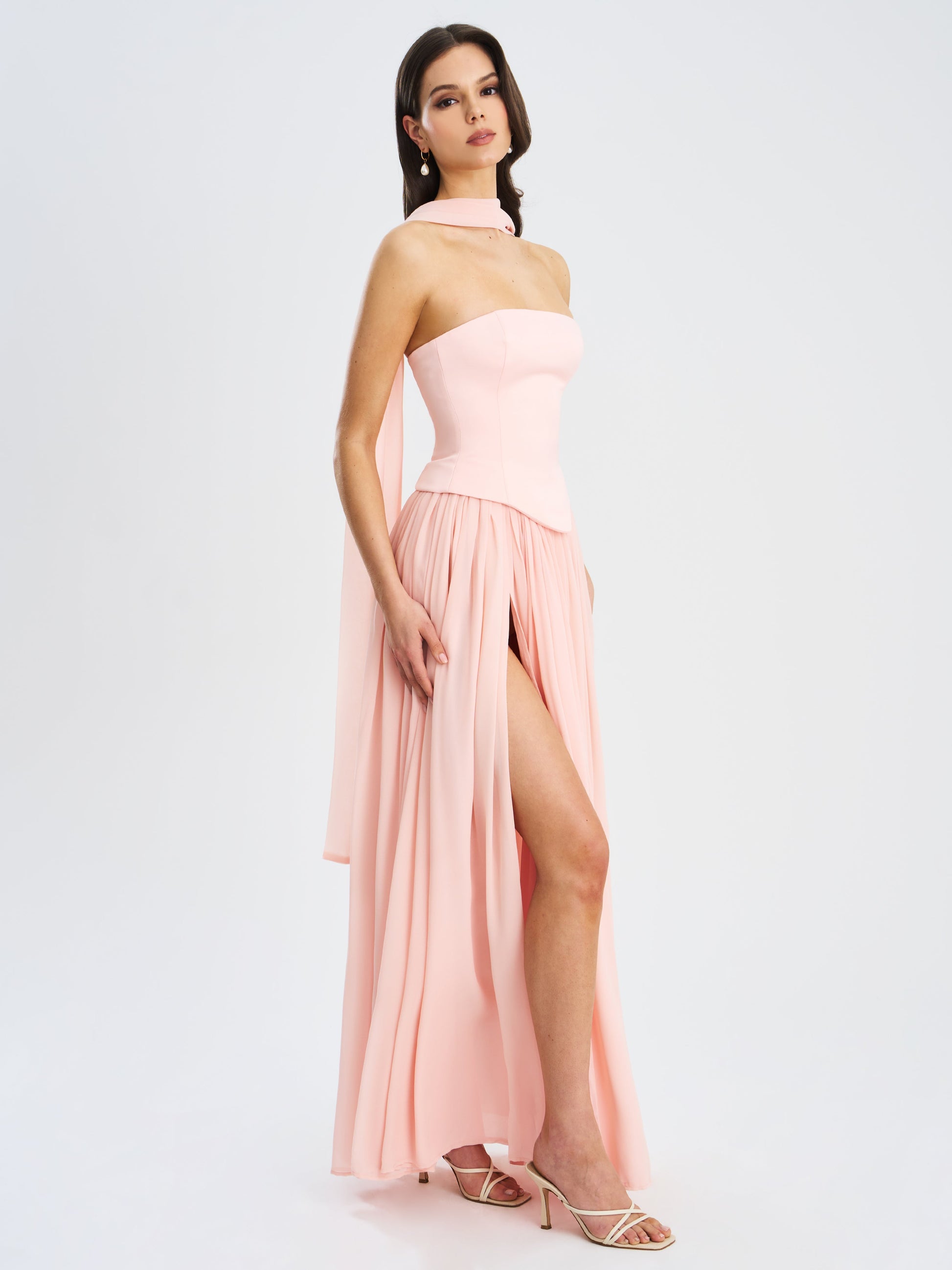 Qianna Baby Pink Peplum Drop Waist Chiffon Gown
