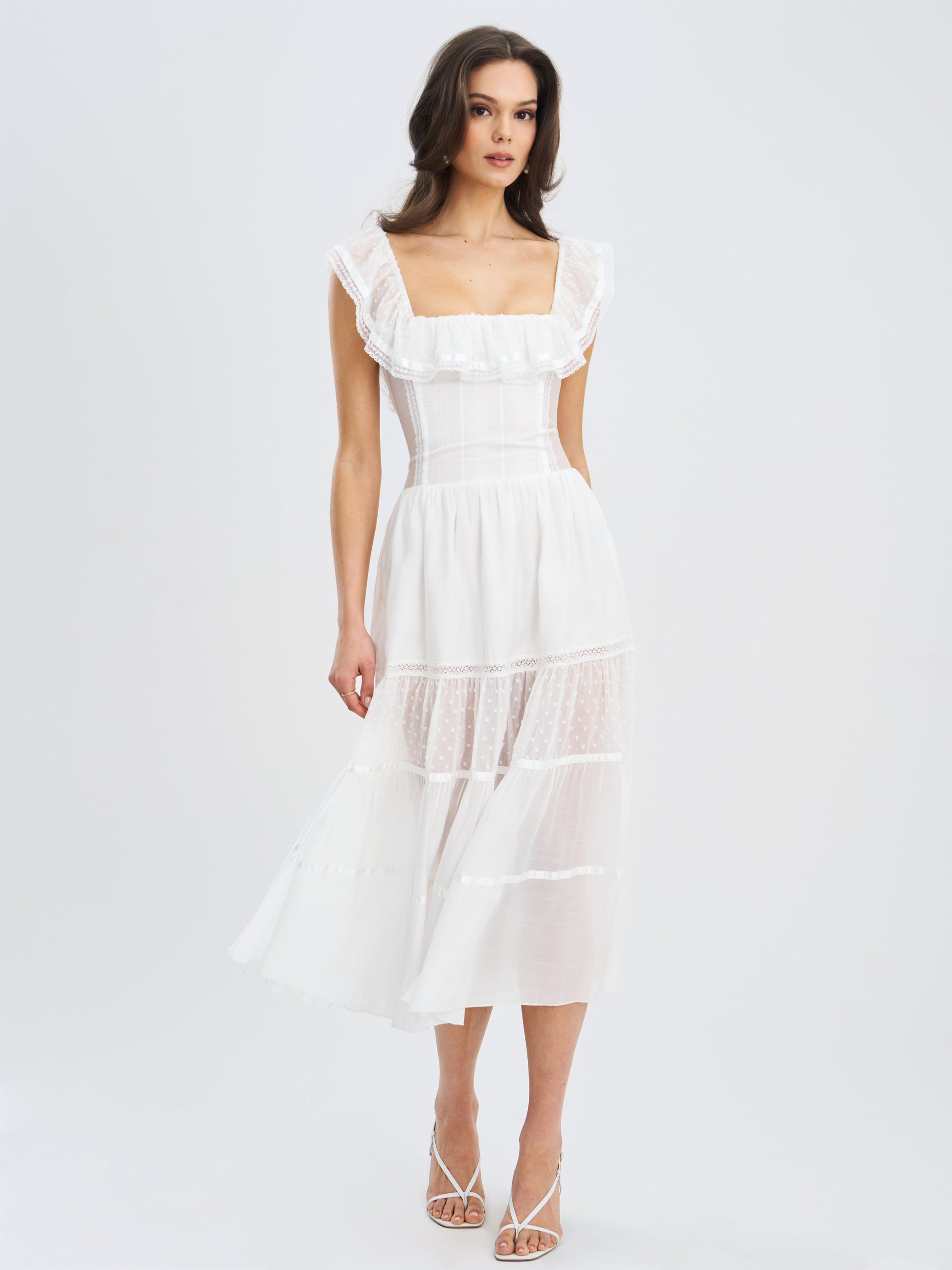 Eden Square Neck Ruffle Trim High Waist Midi Dress - HOUSE OF SHE