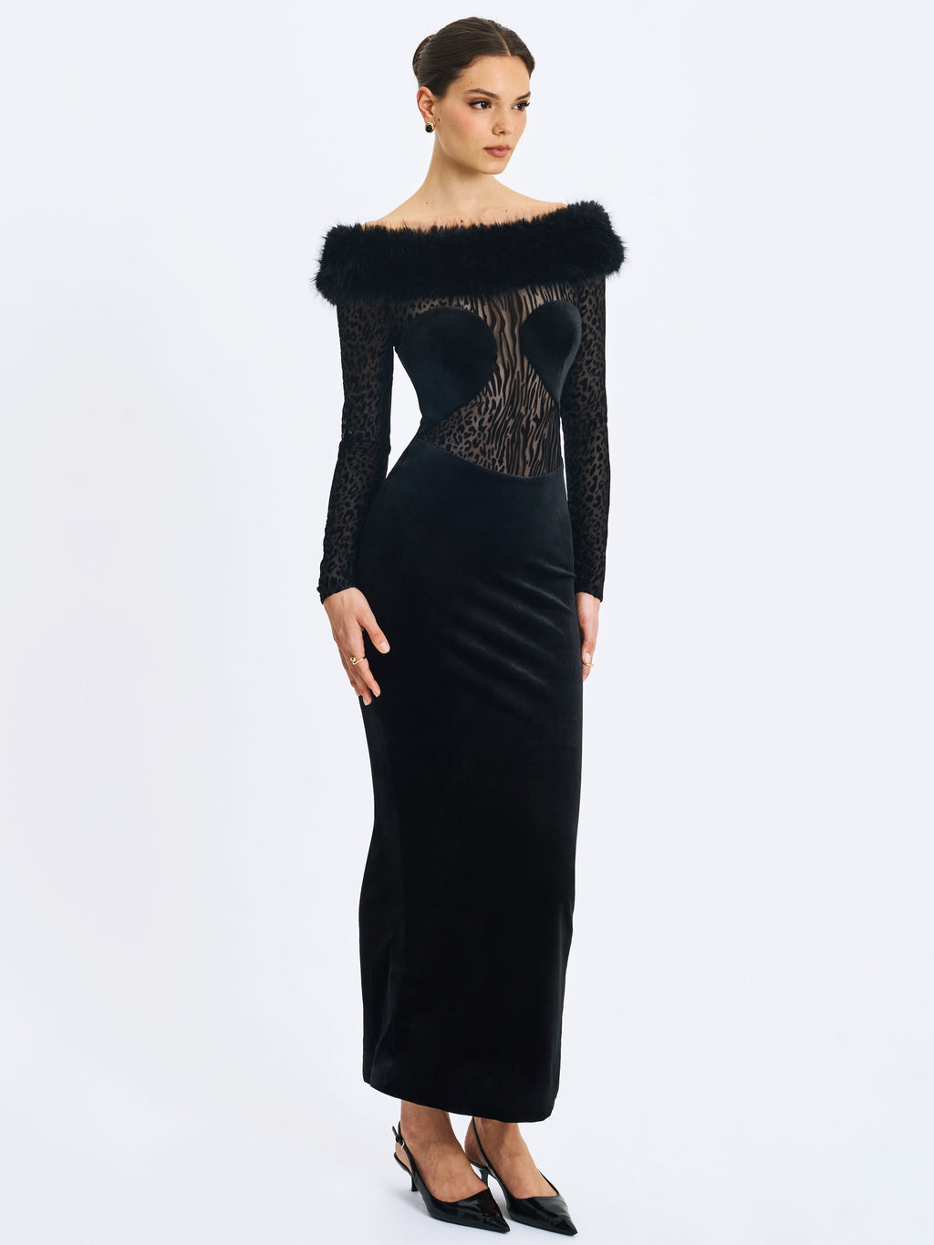 Alexis Black Animal Print Fur Boatneck Maxi Dress