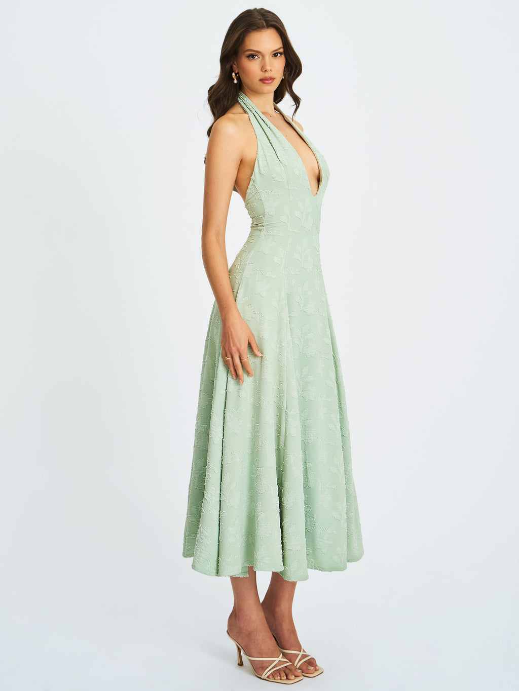Magda Mint Green Deep V Neck Halter A-line Midi Dress - HOUSE OF SHE
