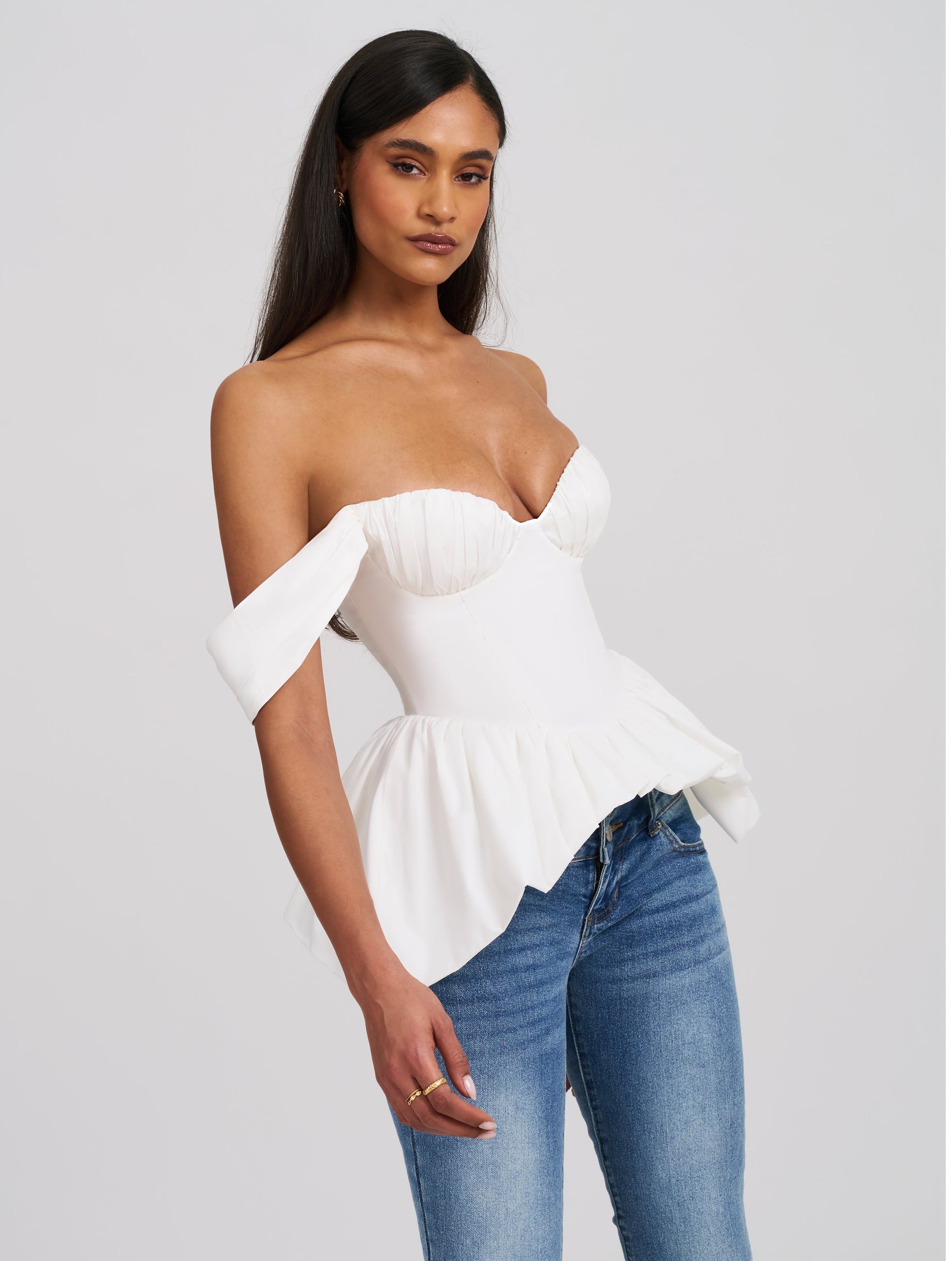 Qistina White Off-shoulder Bubble Hem Peplum Cotton Top