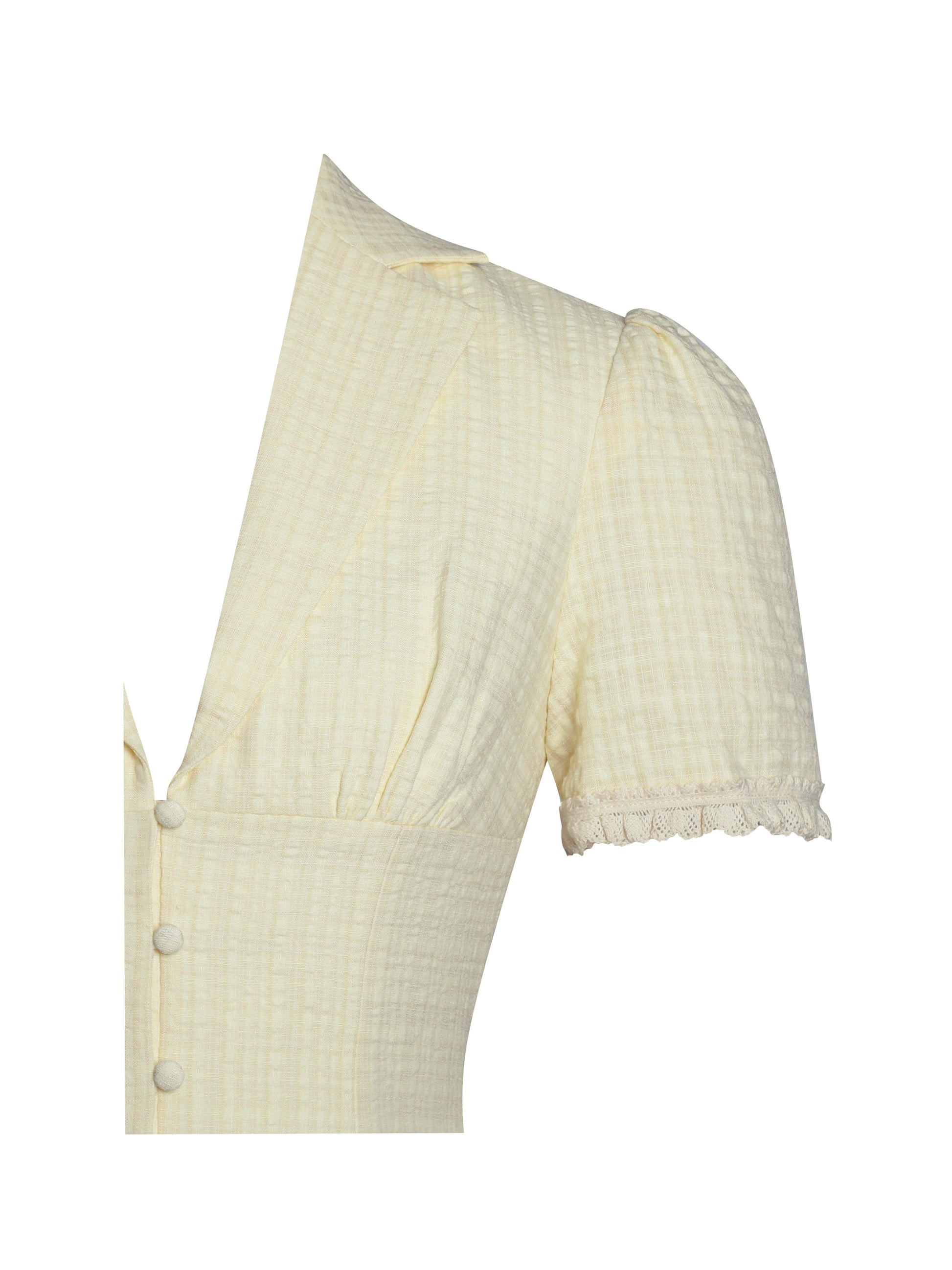 Odelia Yellow Lace Trim Seersucker Button Up Top - HOUSE OF SHE