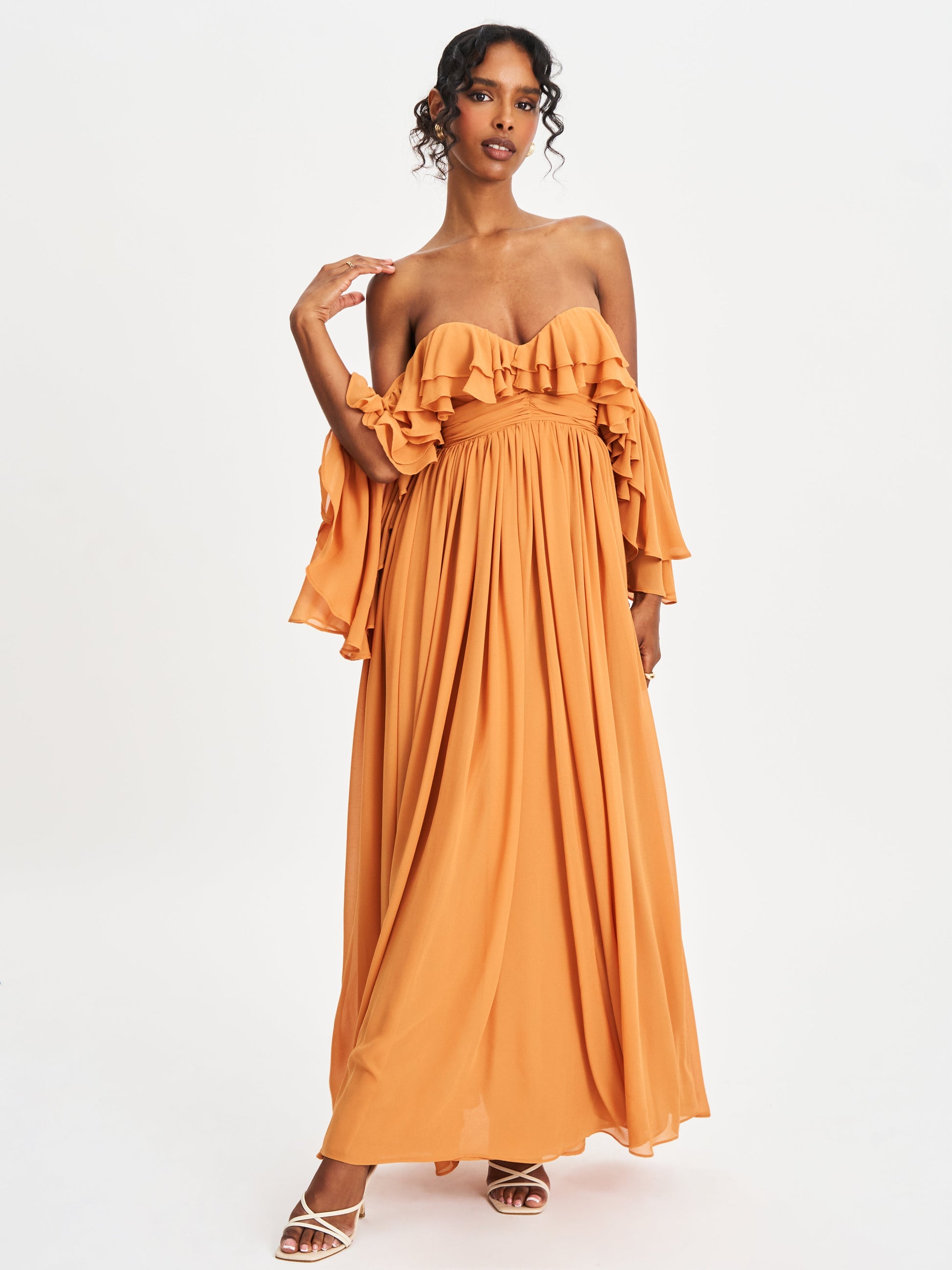 Kaela Brickwork Off Shoulder Chiffon Maxi Dress - HOUSE OF SHE