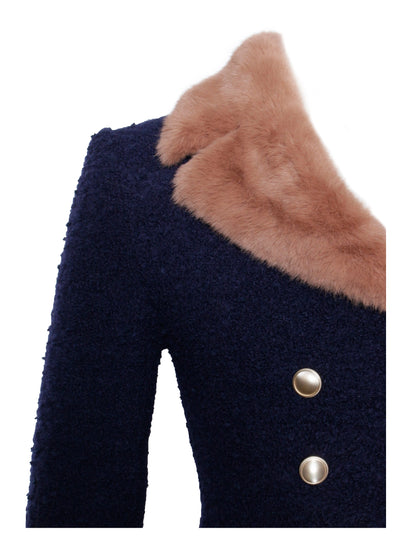 Wava Navy Blue Fur Cropped Boucle Wool Jacket