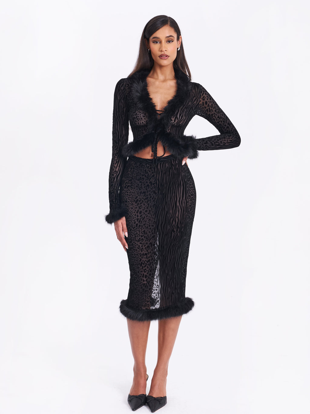 Halia Black Animal Print Burnout Velvet Fur Trim Skirt - HOUSE OF SHE