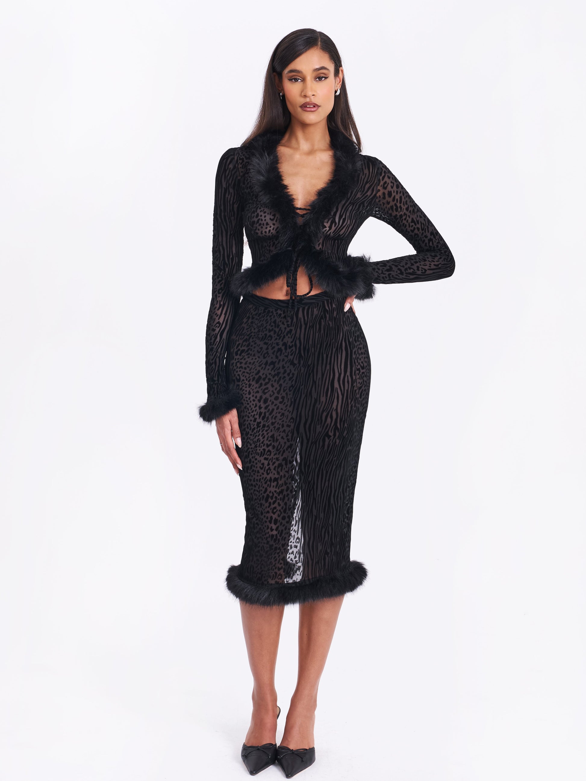 Halia Black Animal Print Burnout Velvet Fur Trim Skirt - HOUSE OF SHE