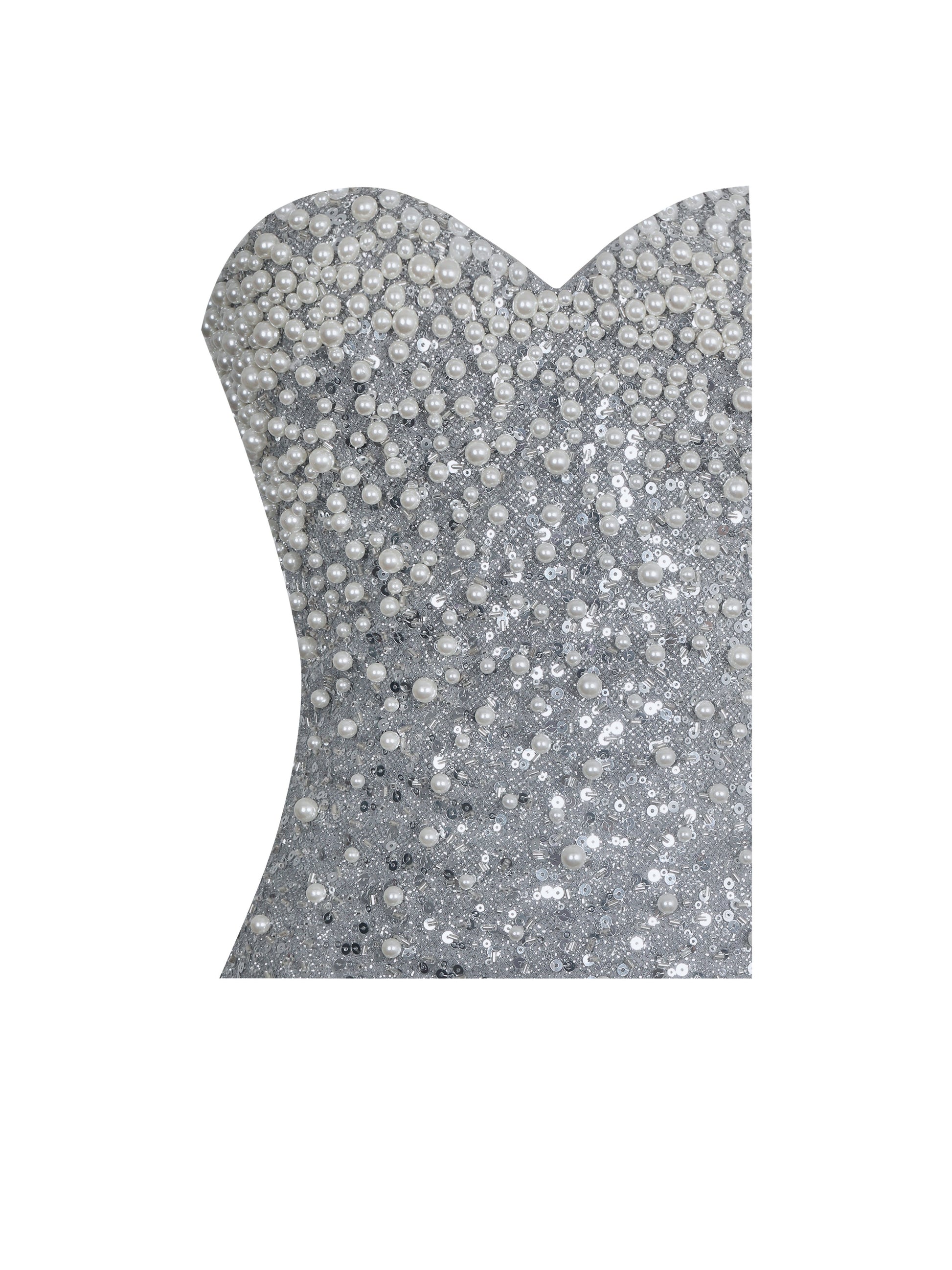 Noelle Silver Sequin Pearl-Embellished Sweetheart Maxi Dress