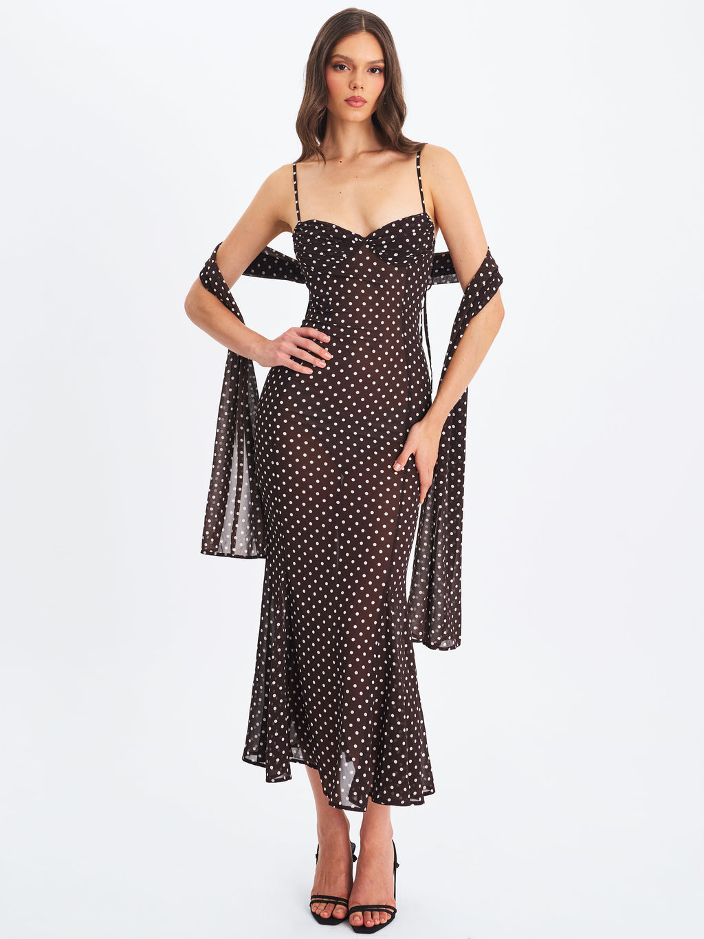 Yadira Brown Base Polka Dot Chiffon Maxi Dress