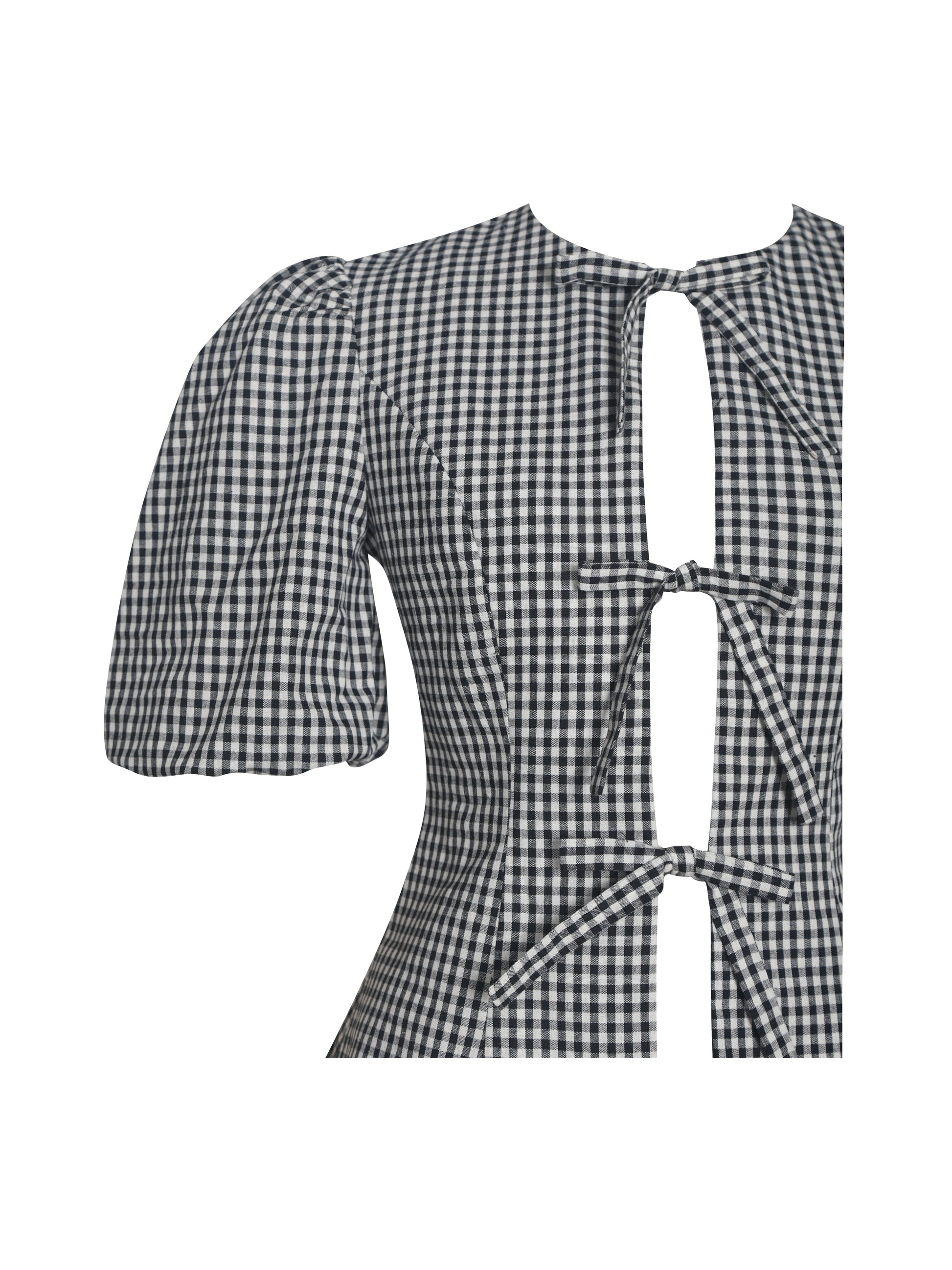 Qusayla Black Gingham Bubble Sleeve Bowtie Top - HOUSE OF SHE