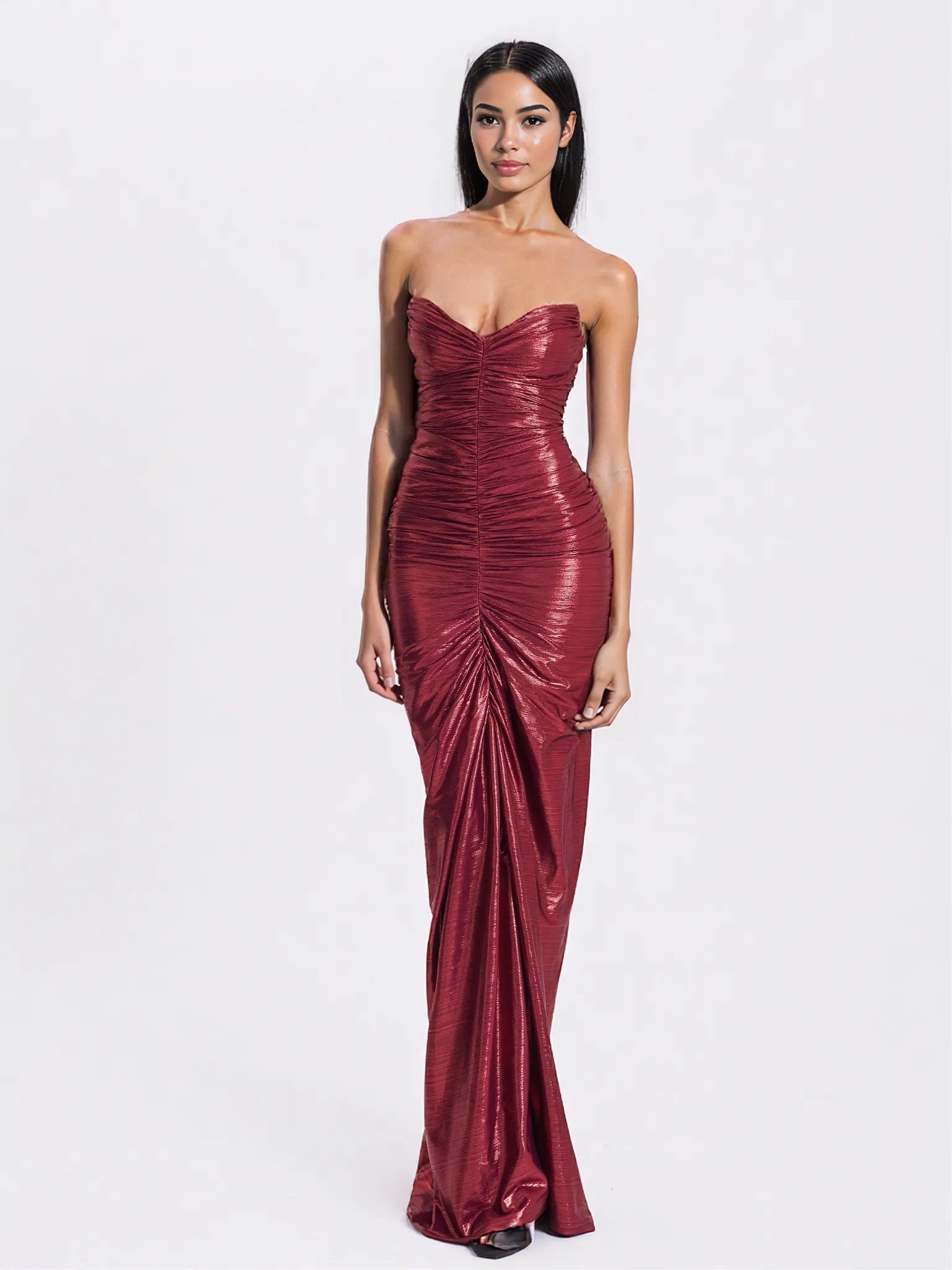 Sable Ruched Burgundy Glitter Mermaid Gown - HOUSE OF SHE
