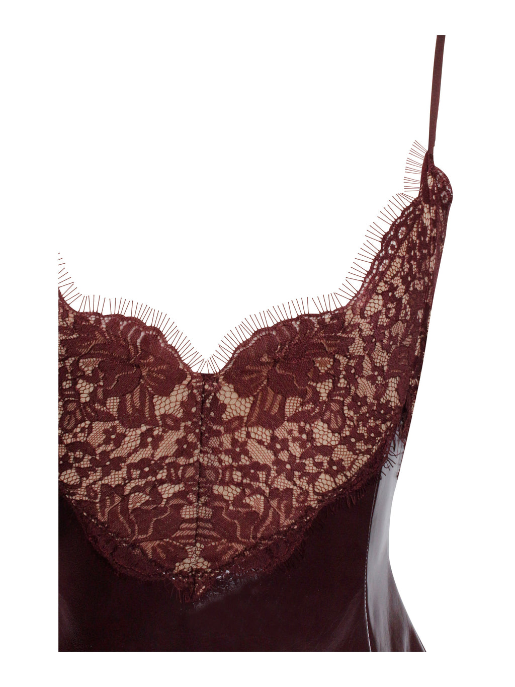 Shelby Dark Brown Vegan Leather with Lace Mini Dress  HOUSE OF SHE