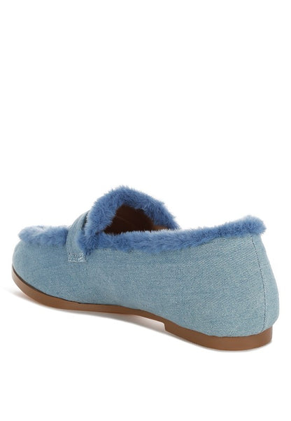 Nivena Fur Detail Denim Loafers  HOUSE OF SHE