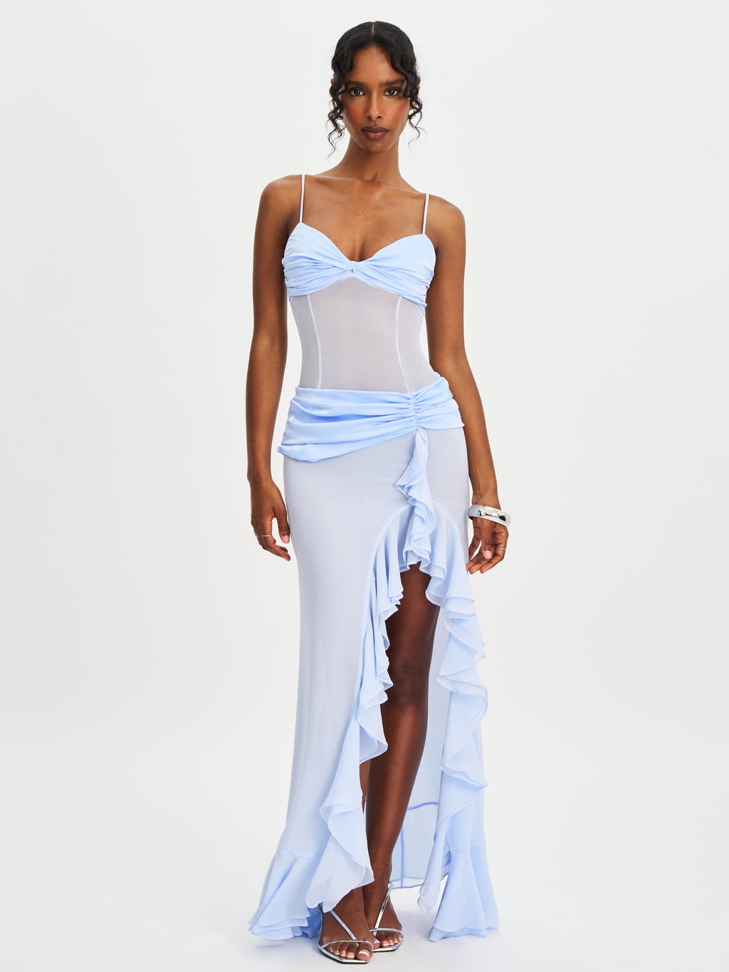 Lacy Blue Ruched Breast High Slit Chiffon Dress - HOUSE OF SHE