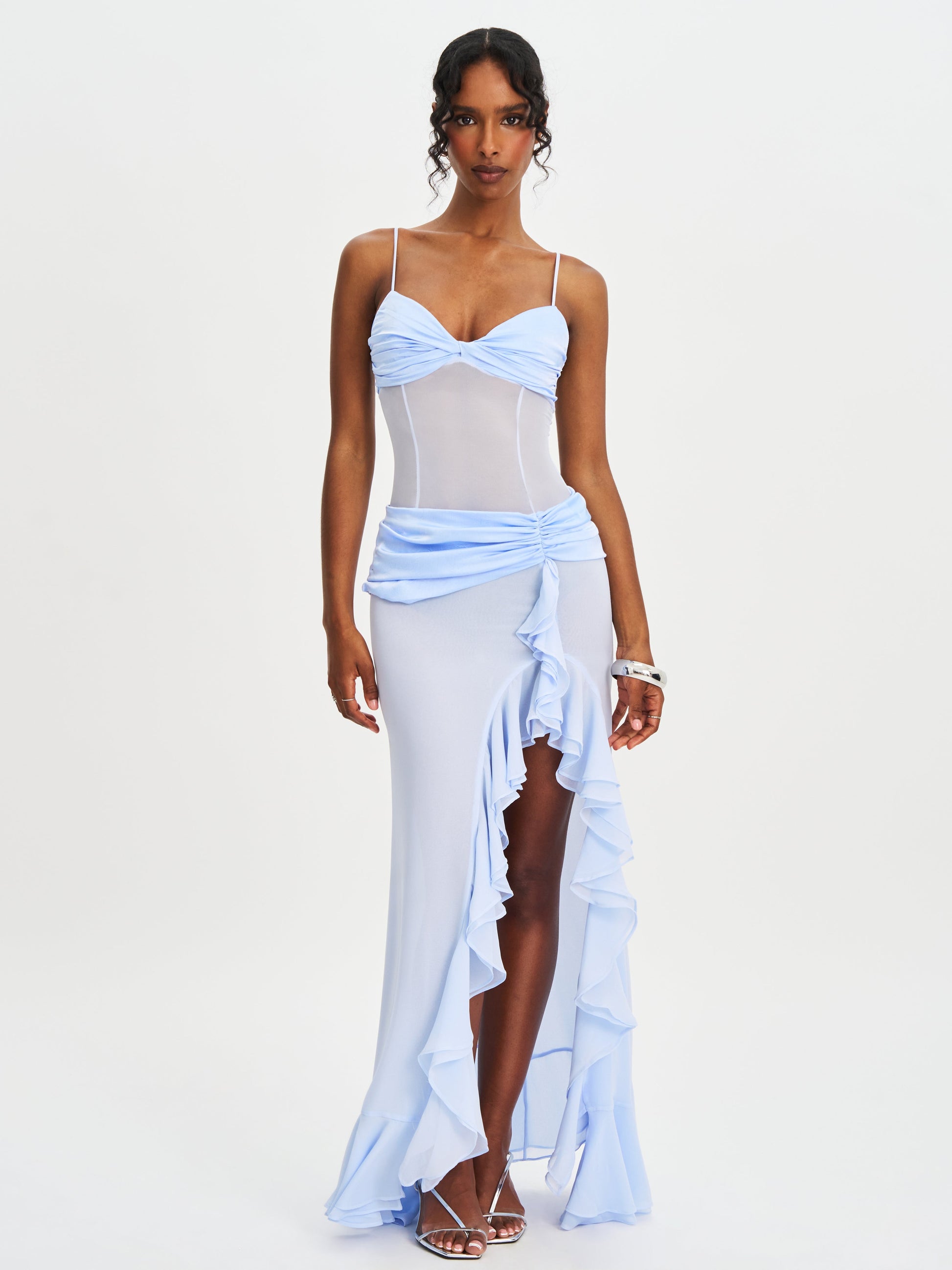 Lacy Blue Ruched Breast High Slit Chiffon Dress - HOUSE OF SHE