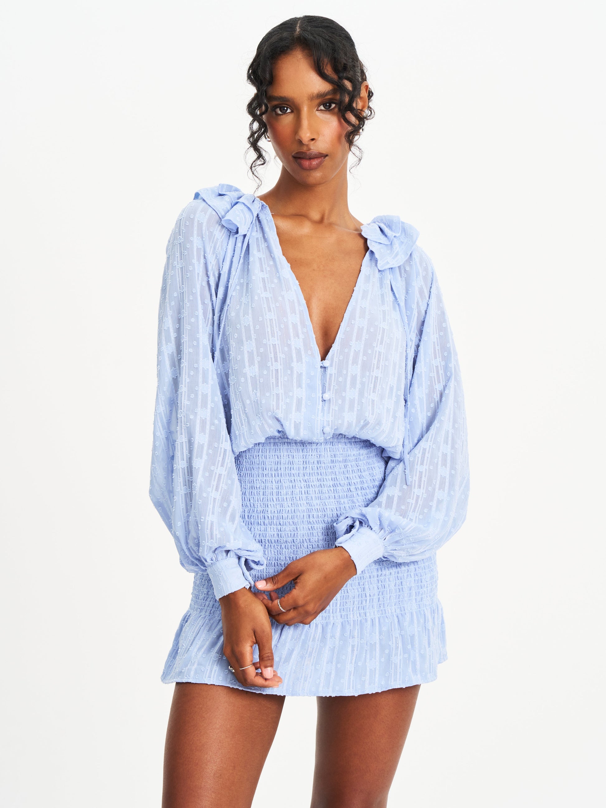 Zahari Blue Smock Bottom Balloon Sleeve Mini Dress - HOUSE OF SHE