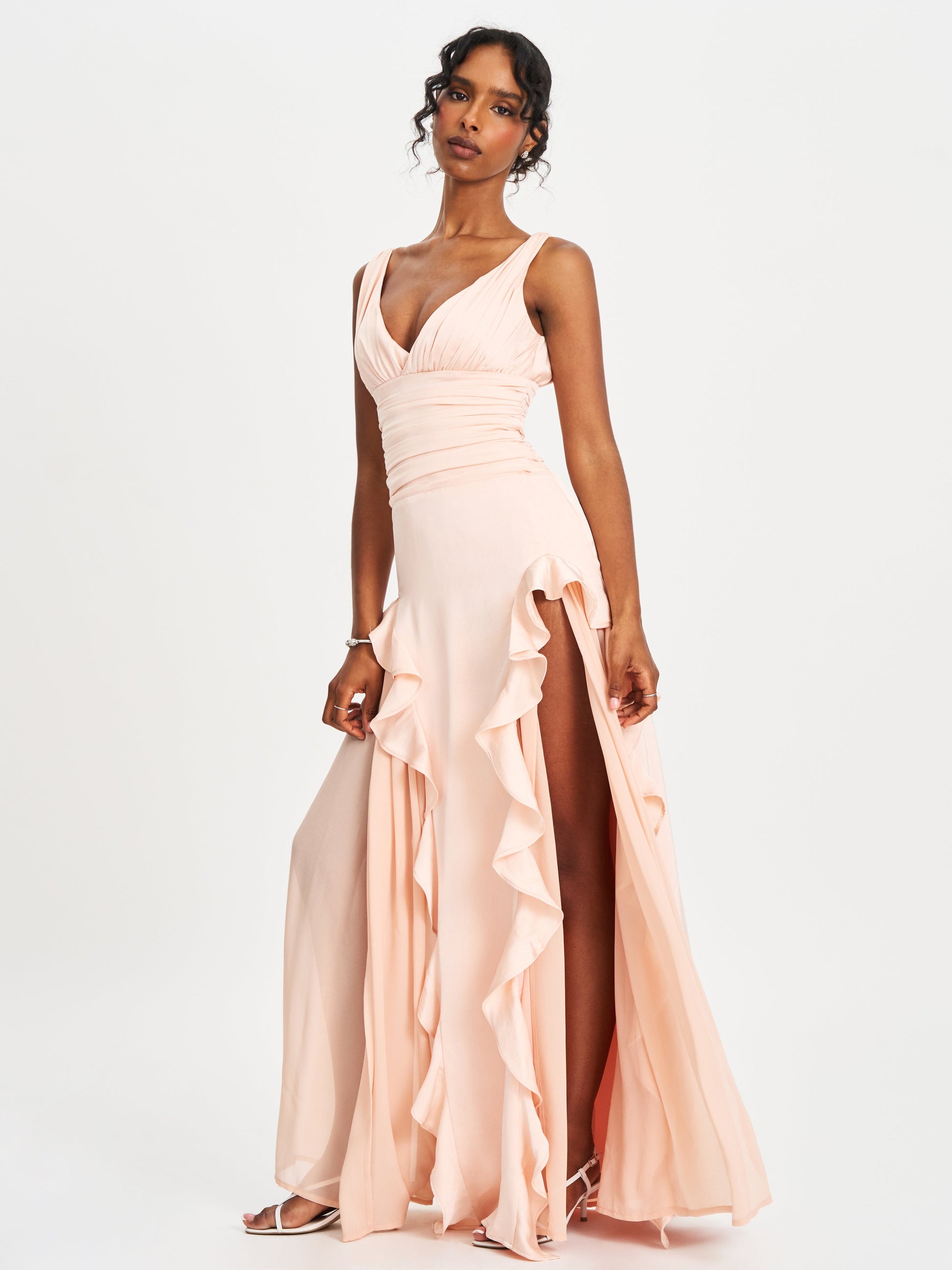 Talyssa Baby Pink Ruched Waist Double High Slit Maxi Gown - HOUSE OF SHE