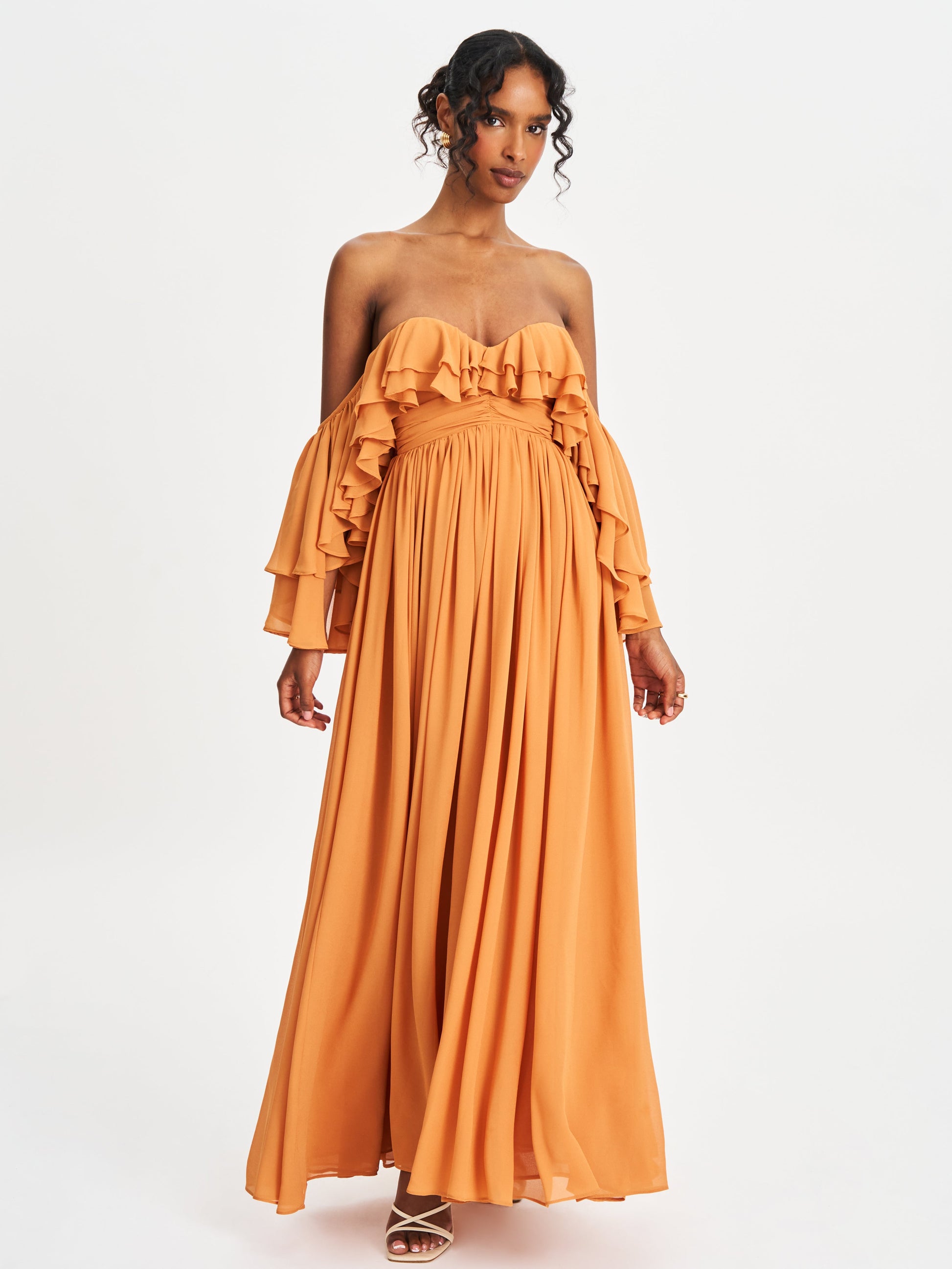 Kaela Brickwork Off Shoulder Chiffon Maxi Dress - HOUSE OF SHE