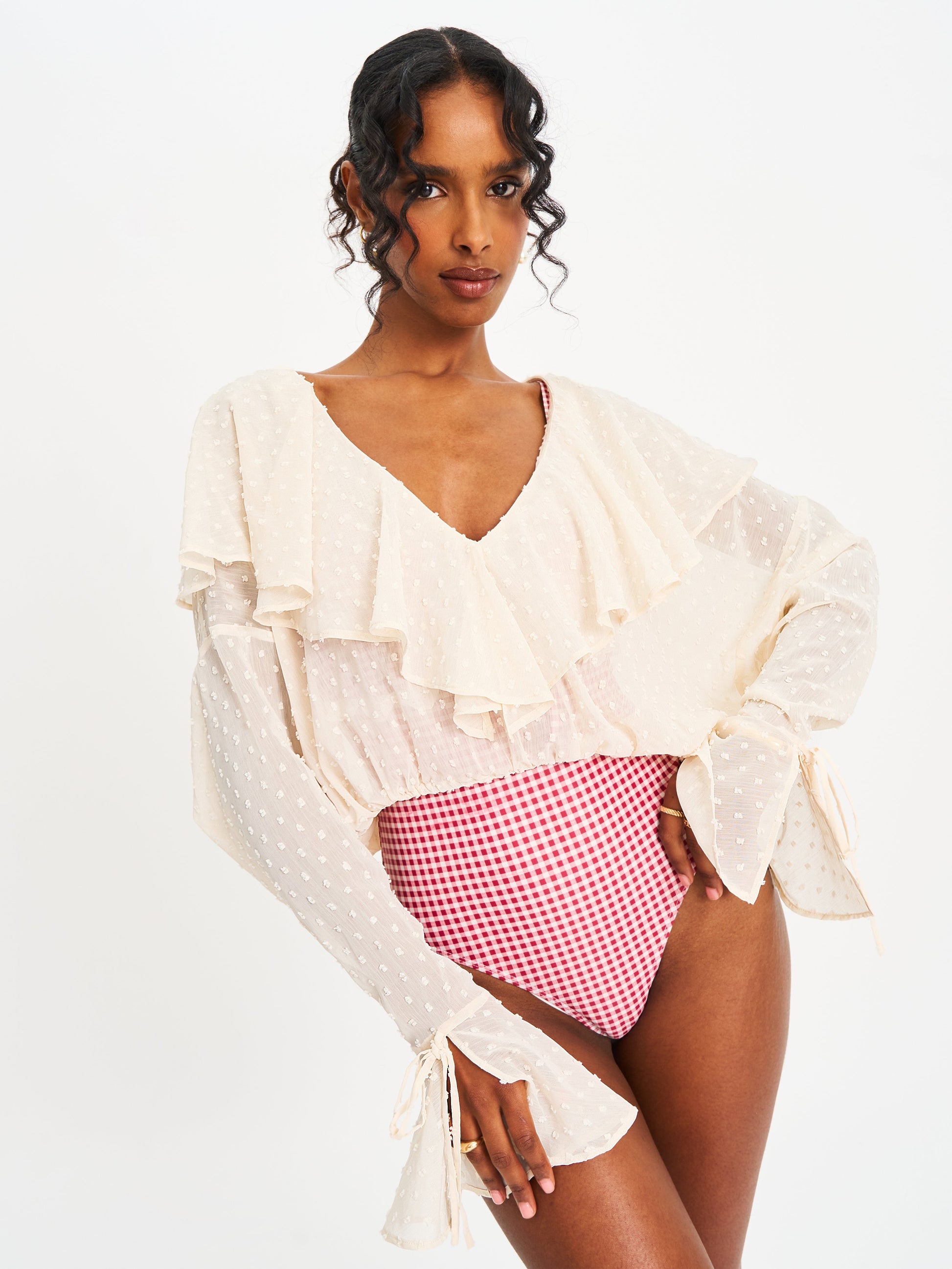 Magali Beige Dotted Mesh Ruffle V Collar Top - HOUSE OF SHE