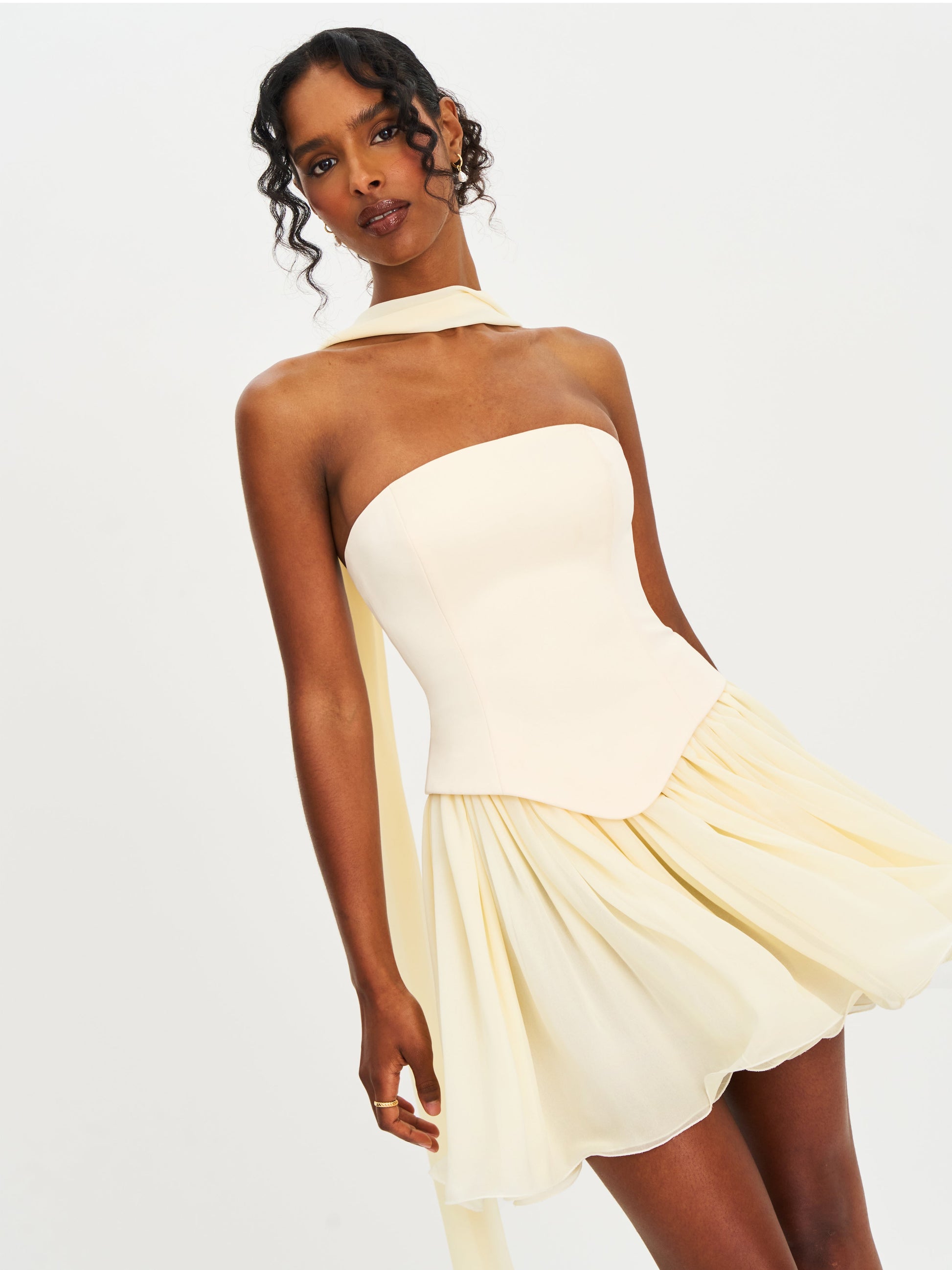 Valentina Butter Yellow Boned Curve Edge Peplum Mini Dress - HOUSE OF SHE
