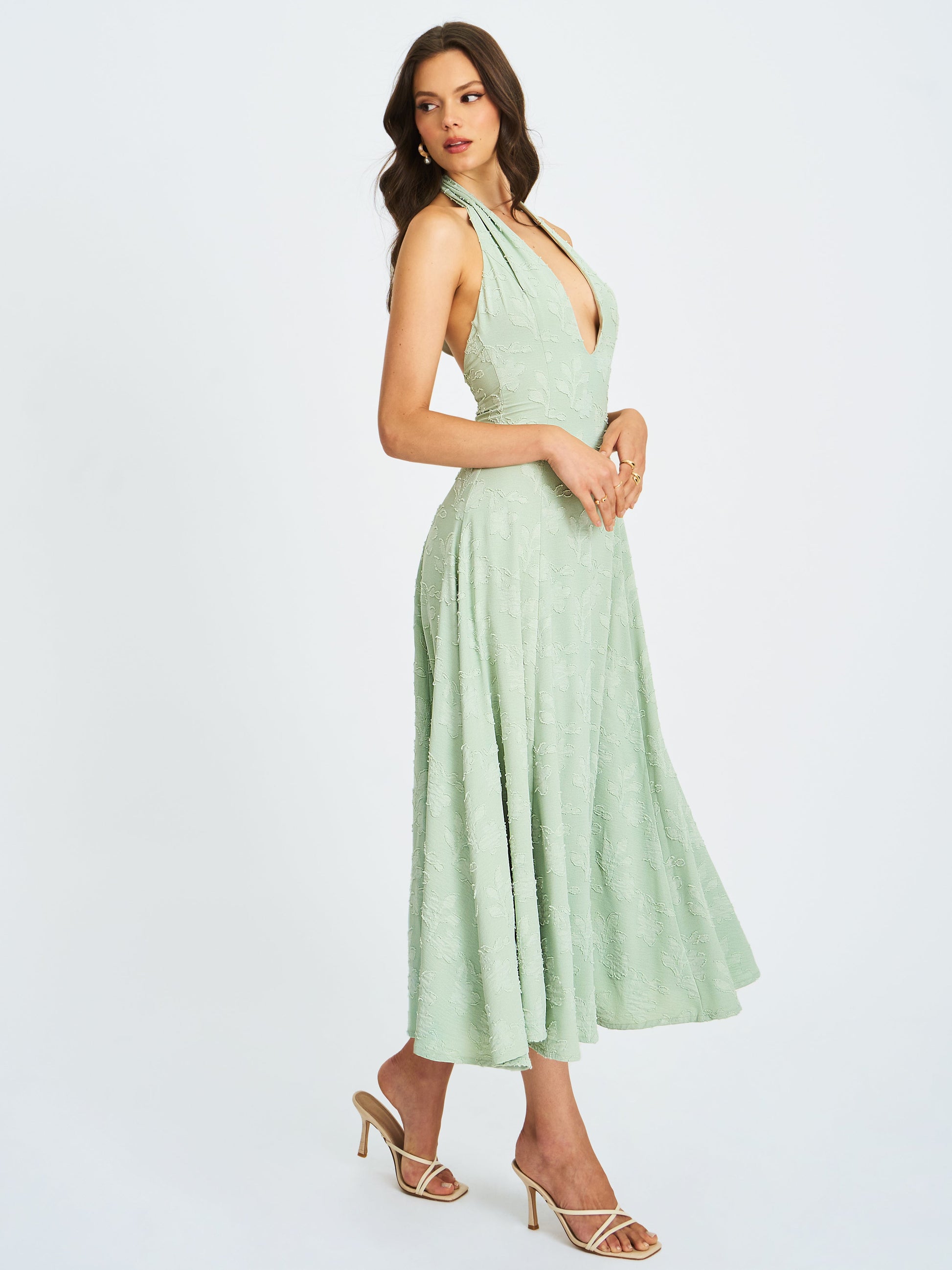 Magda Mint Green Deep V Neck Halter A-line Midi Dress - HOUSE OF SHE