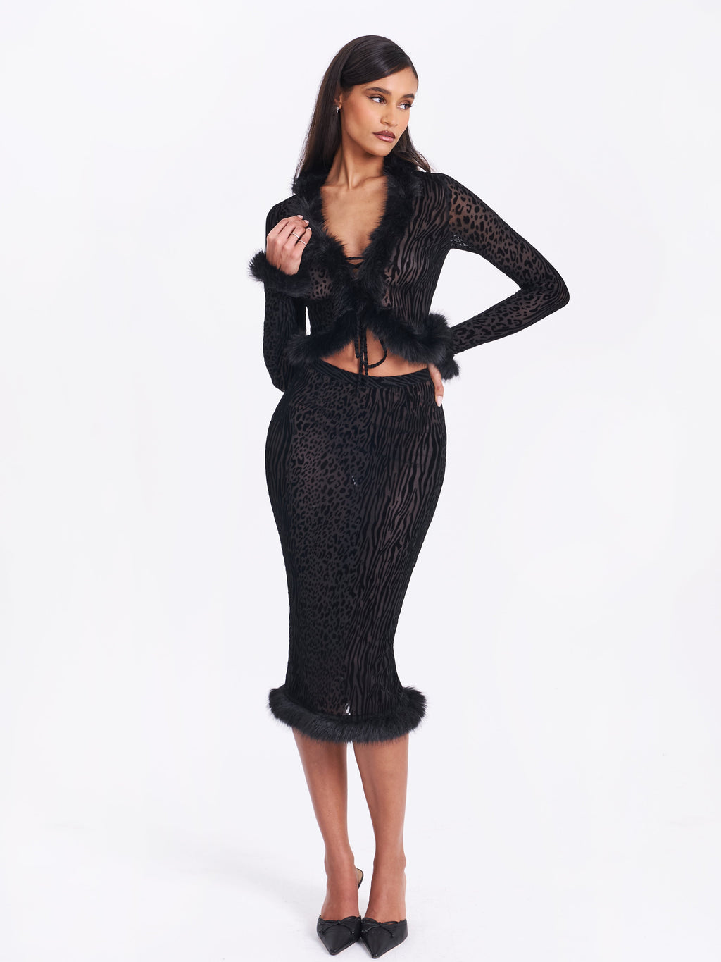Halia Black Animal Print Burnout Velvet Fur Trim Skirt - HOUSE OF SHE
