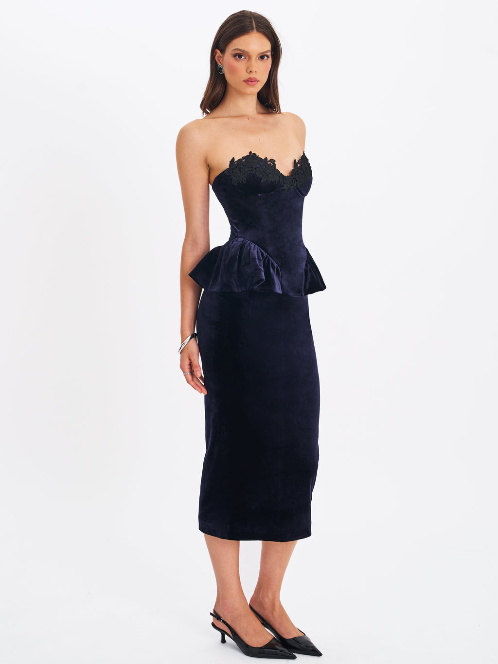 Pascha Black Lace Appliqué Strapless Peplum Maxi Dress