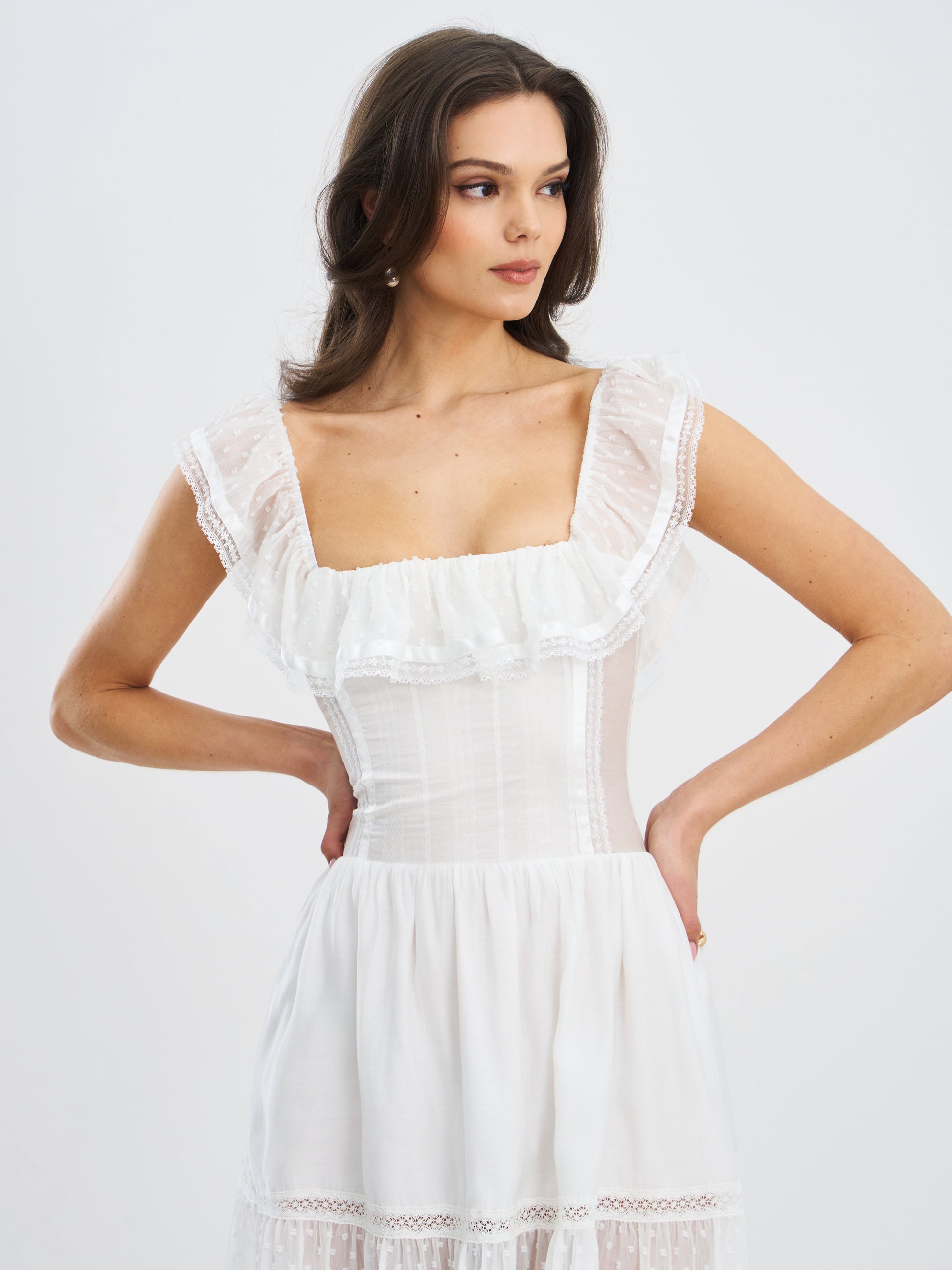 Eden Square Neck Ruffle Trim High Waist Midi Dress - HOUSE OF SHE