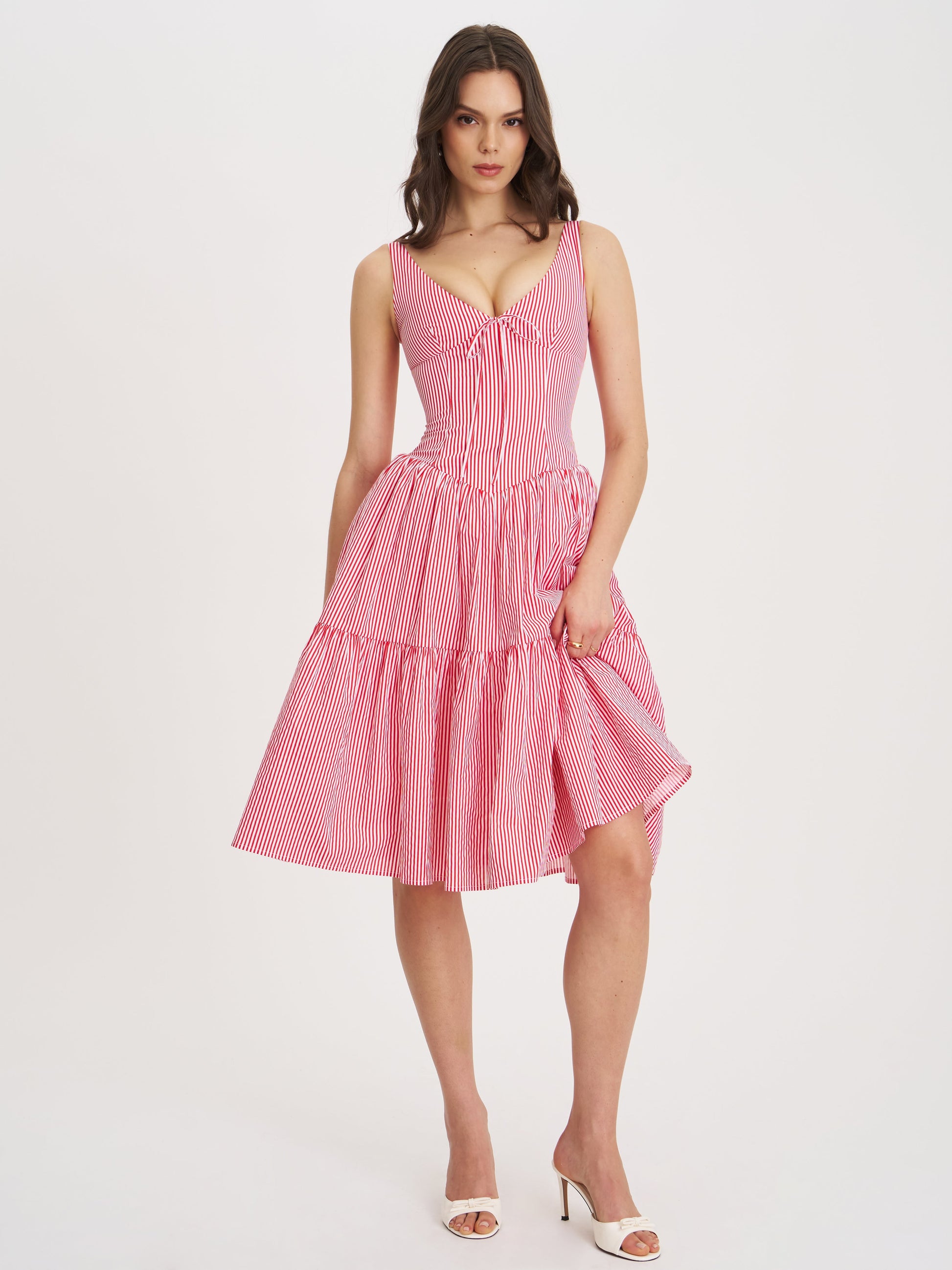 Oceana Red Candy Stripe Drop Waist Midi Dress - HOUSE OF SHE