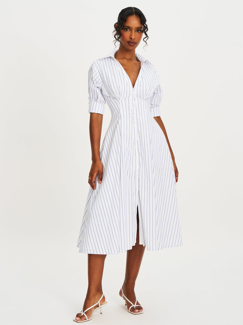 Palina Pinstripes Cotton Poplin Pleated Midi Preppy Shirt Dress - HOUSE OF SHE