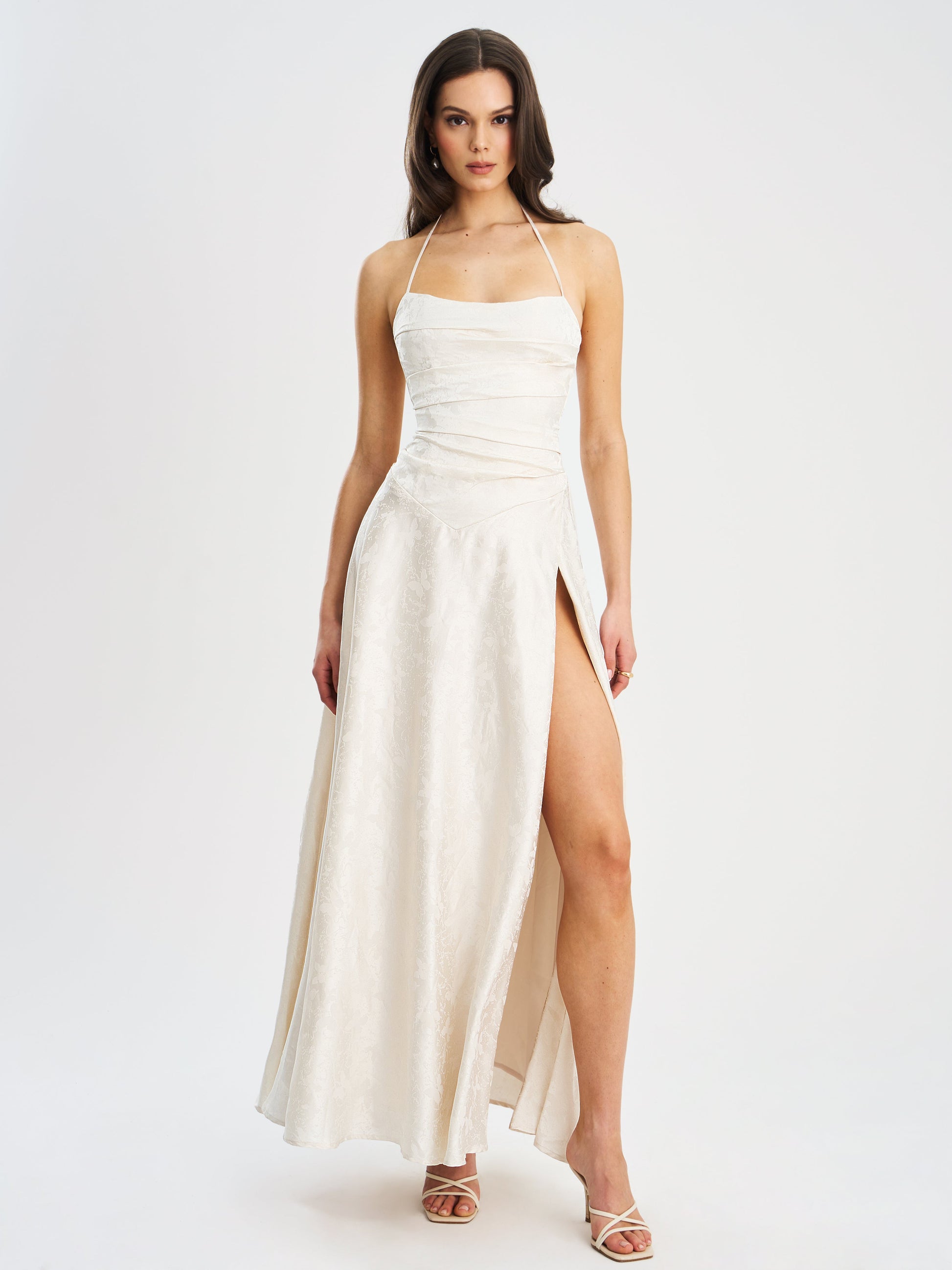 Raegan Pearl White Jacquard Rouched Maxi Dress - HOUSE OF SHE