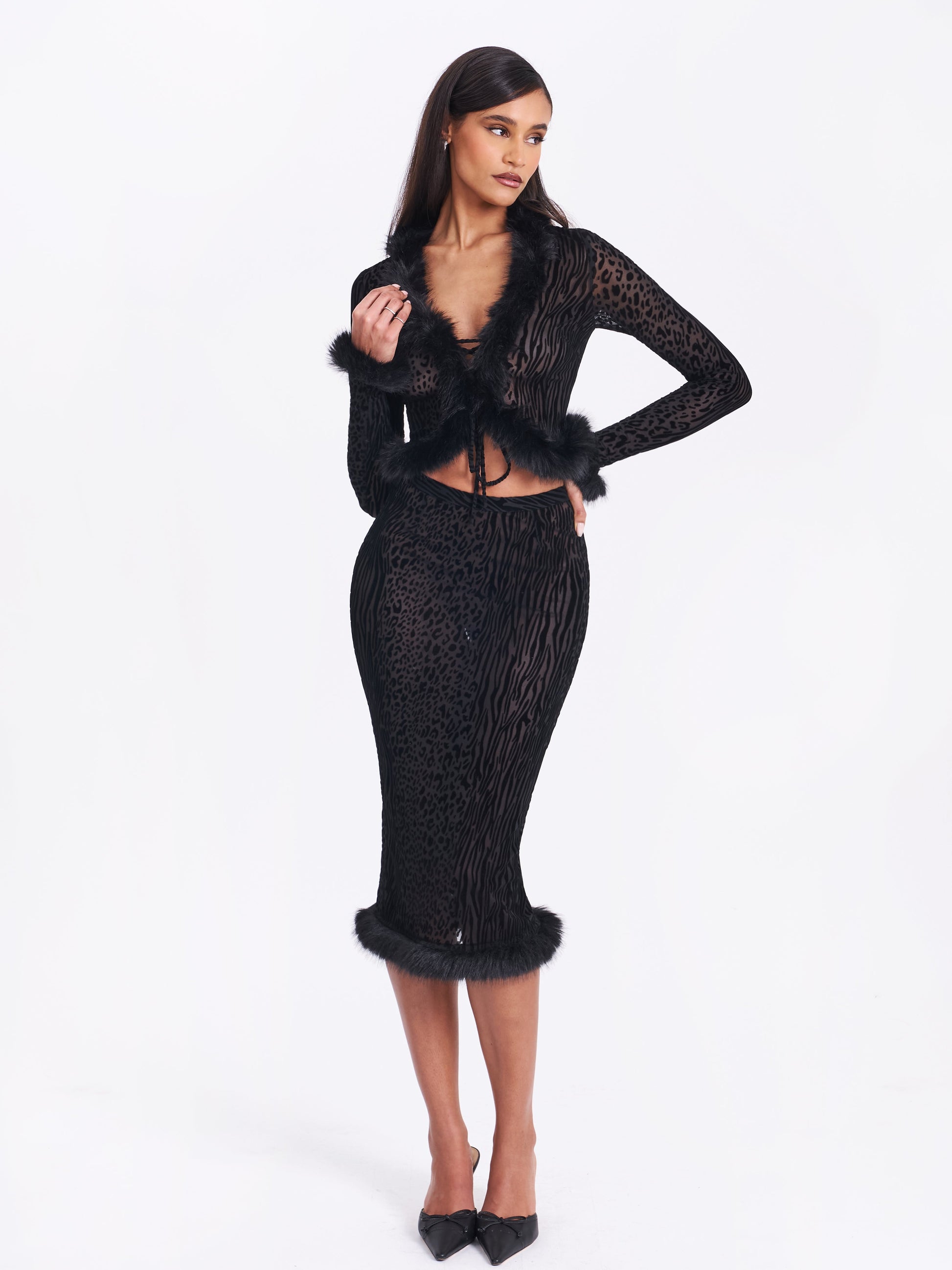 Hali Black Animal Print Burnout Velvet Fur Trim Top - HOUSE OF SHE
