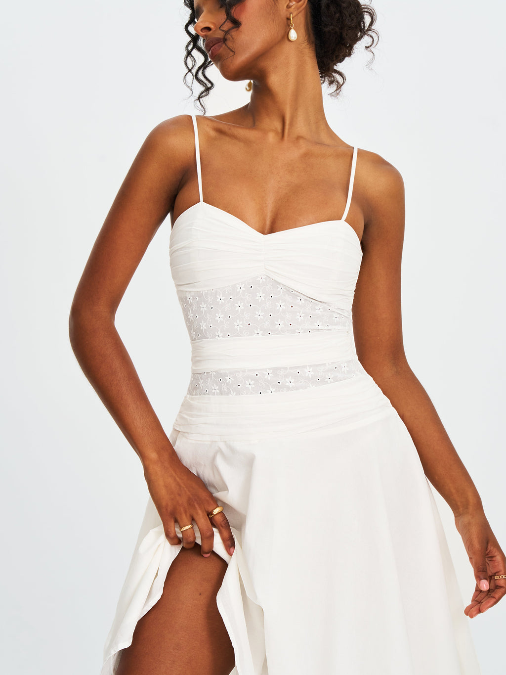 Maelis White Eyelet Drop Waist Cotton Midi Dress - HOUSE OF SHE