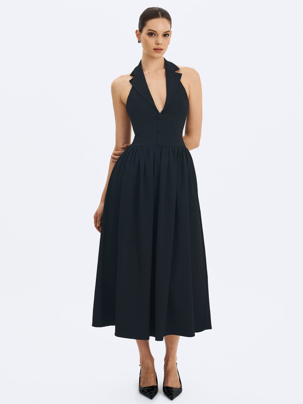 Delaney Black Lapel Halter Midi A-Line Dress