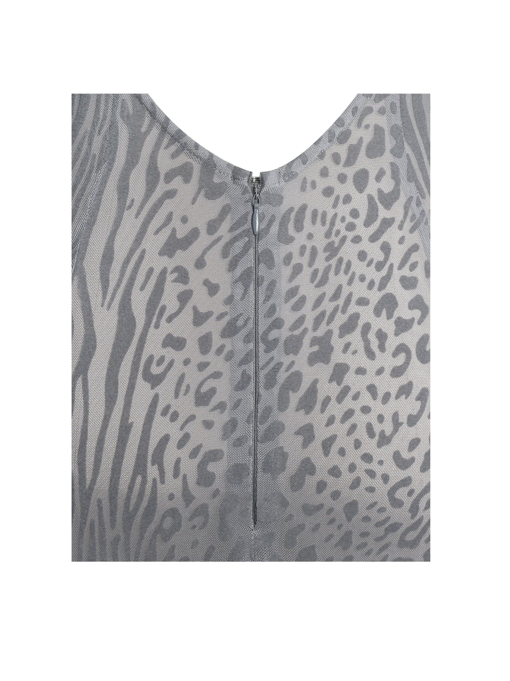 Waylynn Gray Animal Print Burnout Velvet Detail Mesh Backless Maxi Dress - HOUSE OF SHE