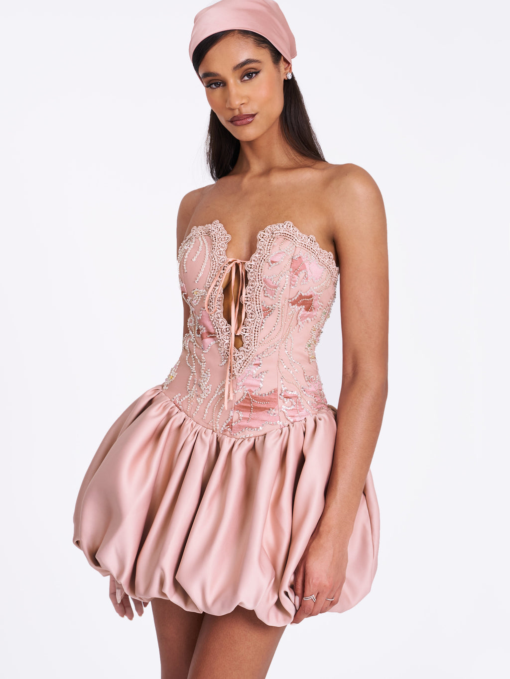Palesa Pink Ballet Style Embroidered Bubble Hem Mini Dress - HOUSE OF SHE