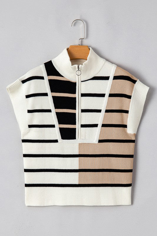 Stripe Colorblock Quarter Zip Collar Sweater Vest  HOUSE OF SHE