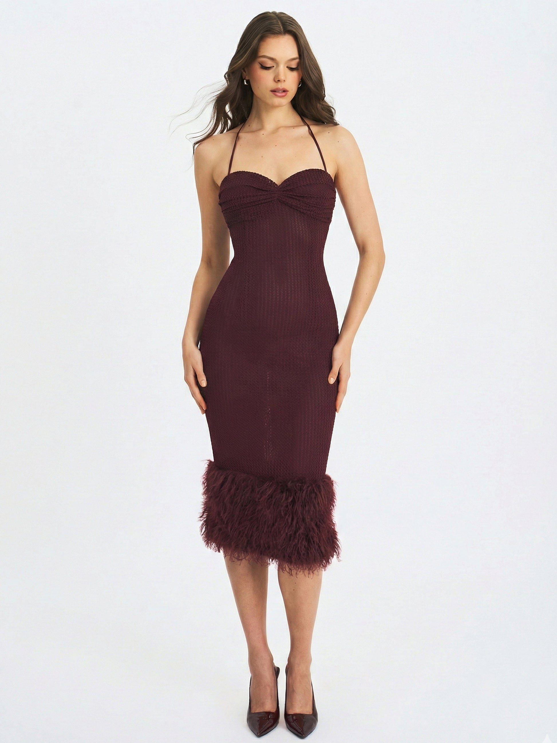 Pluma Maroon Halter Faux-Fur Trimmed Midi Dress