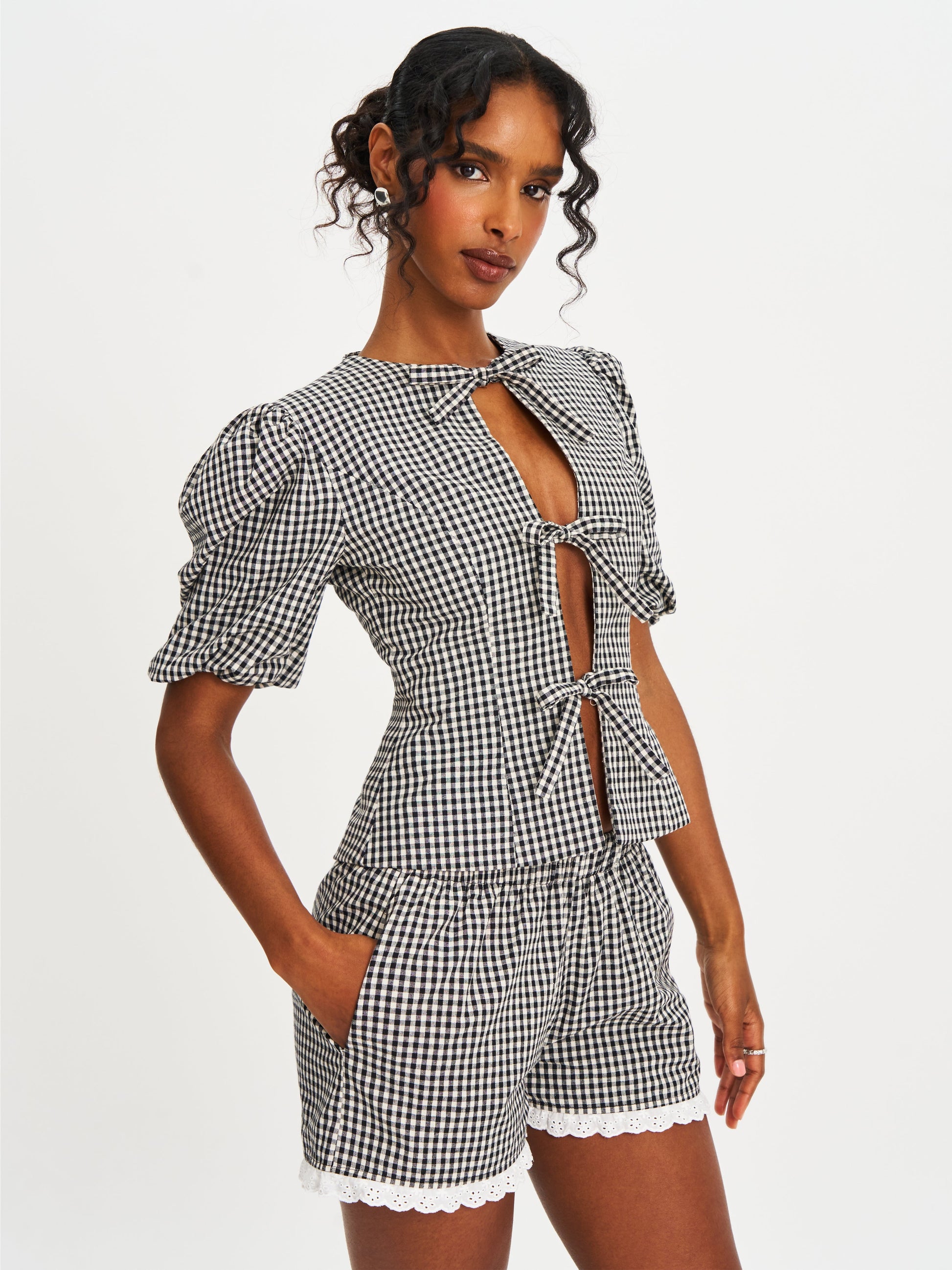 Qusayla Black Gingham Bubble Sleeve Bowtie Top - HOUSE OF SHE