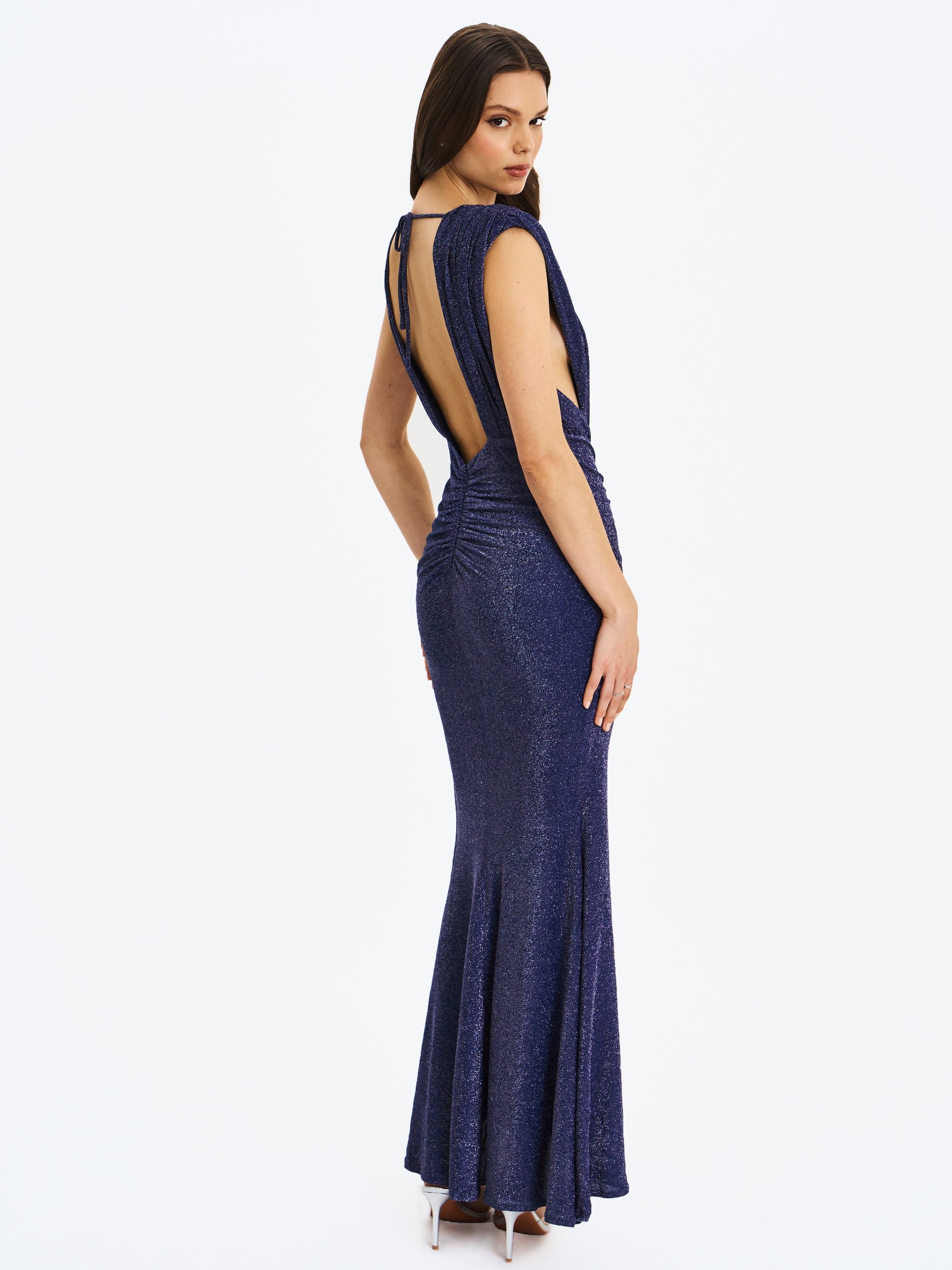 Terri Navy Sparkle Plunging Backless Maxi Dress