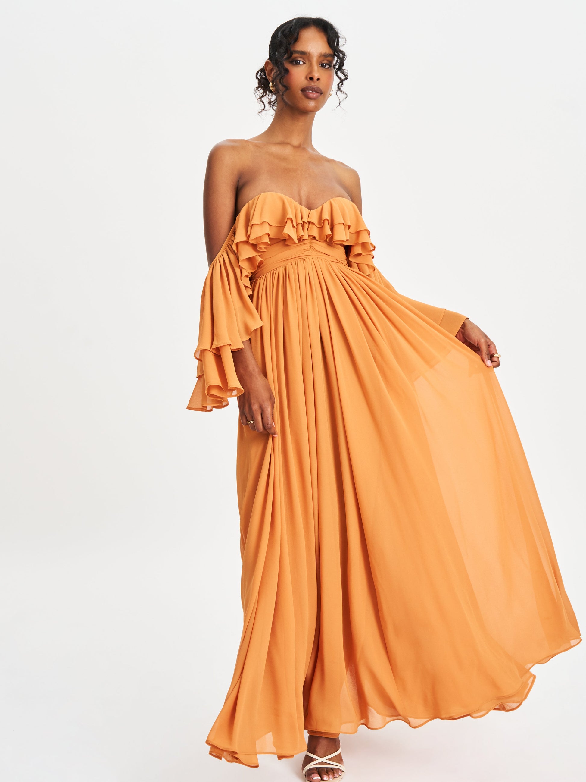 Kaela Brickwork Off Shoulder Chiffon Maxi Dress - HOUSE OF SHE