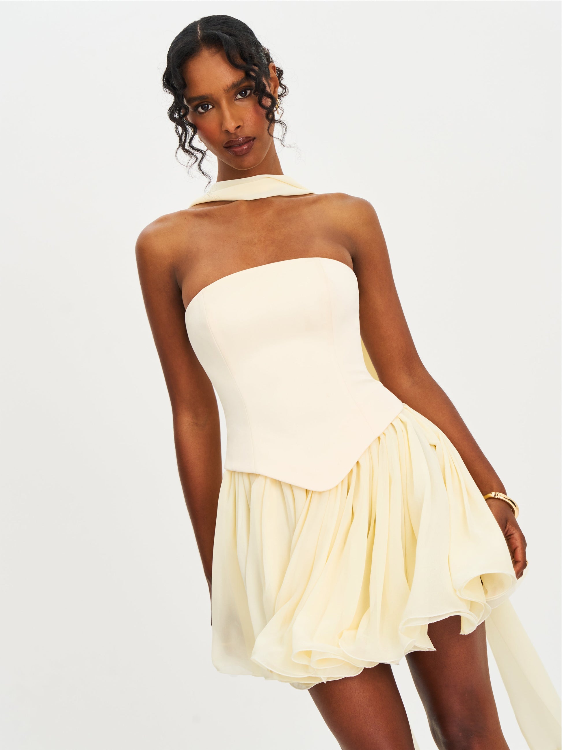 Valentina Butter Yellow Boned Curve Edge Peplum Mini Dress - HOUSE OF SHE
