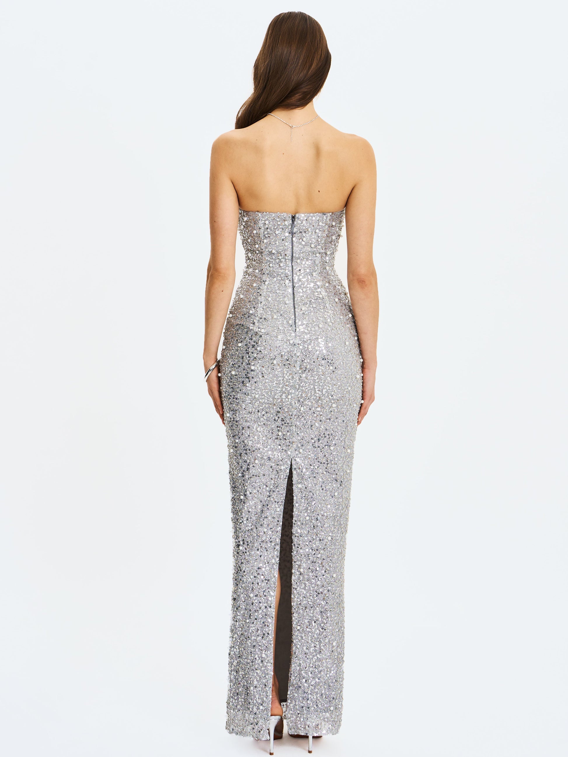 Noelle Silver Sequin Pearl-Embellished Sweetheart Maxi Dress