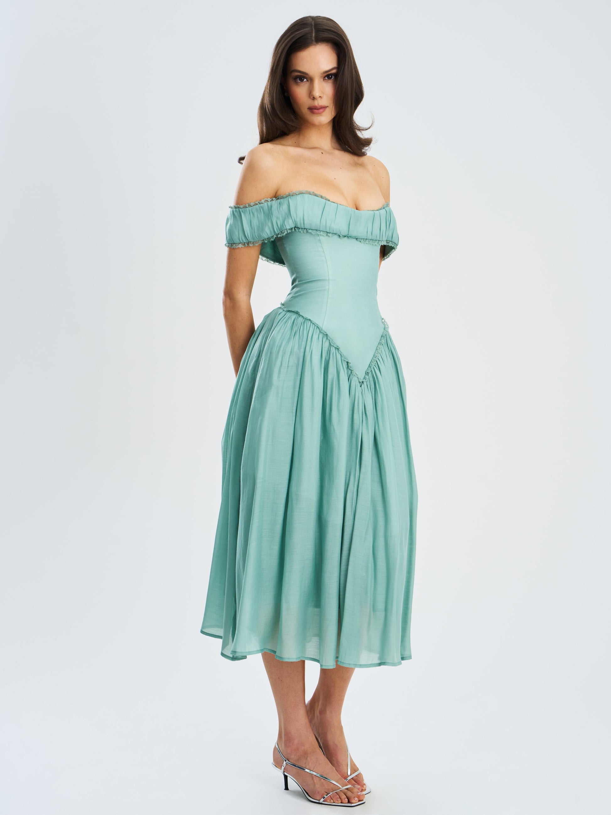 Xavy Teal Green Off Shoulder Corset Midi Dress