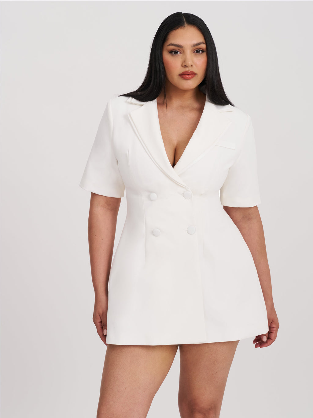Madelina White Double Breast Satin Trim Blazer Dress - HOUSE OF SHE