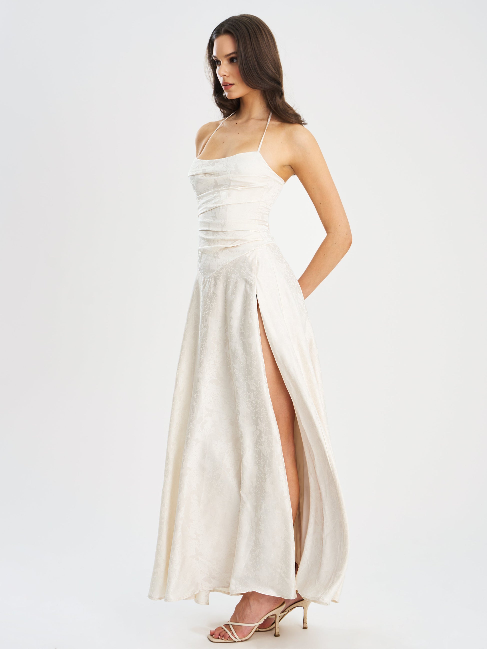 Raegan Pearl White Jacquard Rouched Maxi Dress - HOUSE OF SHE